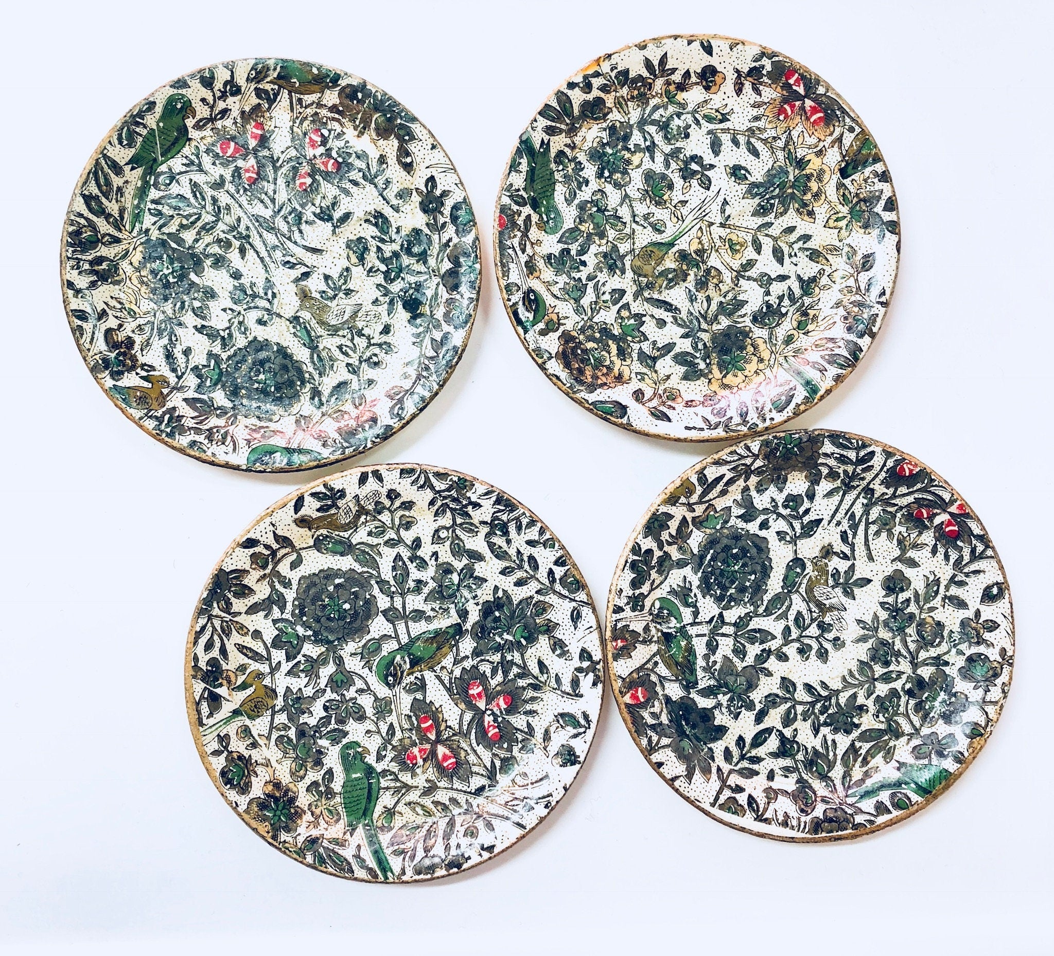 Alfred E Knobler Coasters, Set of 8 Coasters, Box Coasters, Floral Design, Bird Coasters, Paper Mache, Flowers, Vines, White, Green, Red,