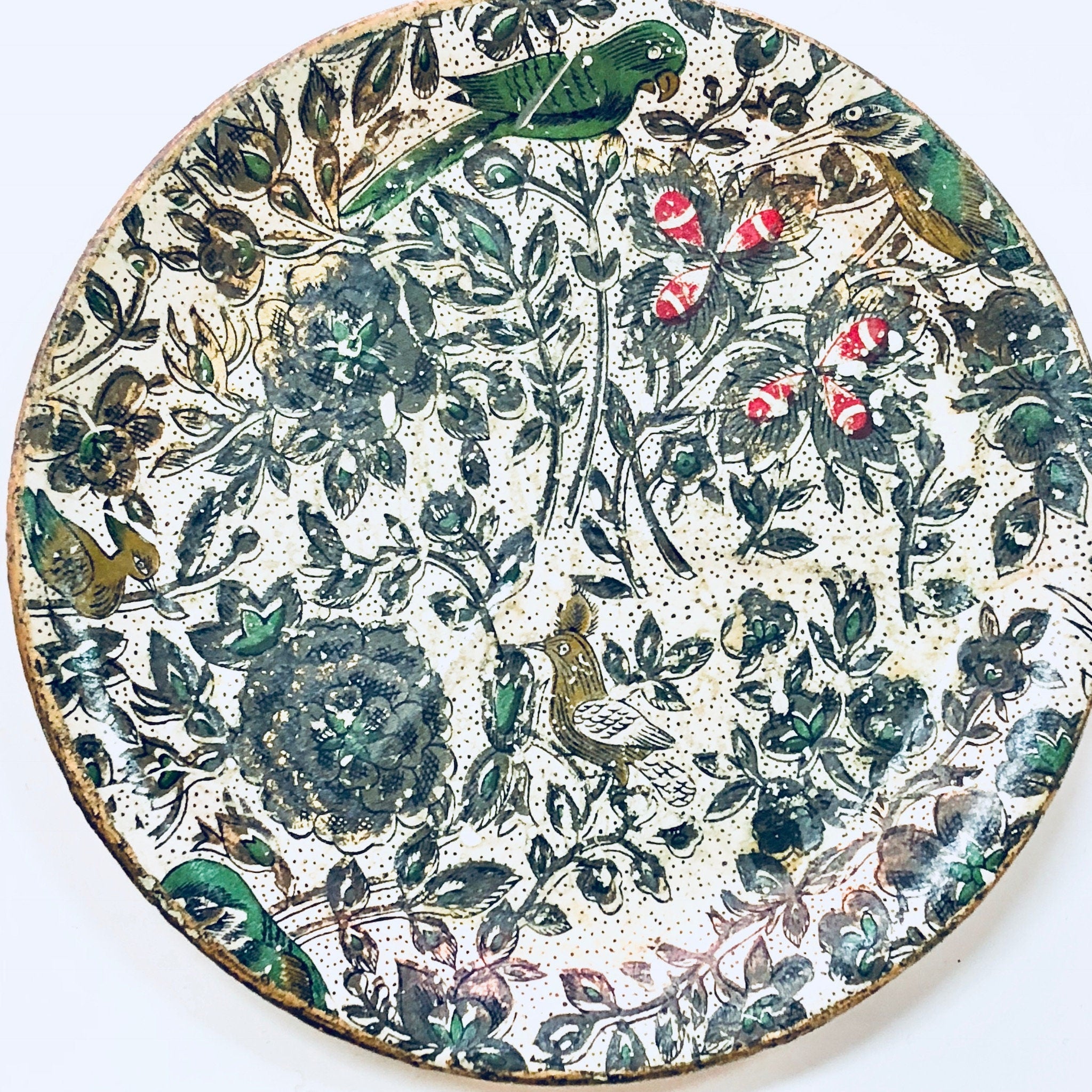 Alfred E Knobler Coasters, Set of 8 Coasters, Box Coasters, Floral Design, Bird Coasters, Paper Mache, Flowers, Vines, White, Green, Red,