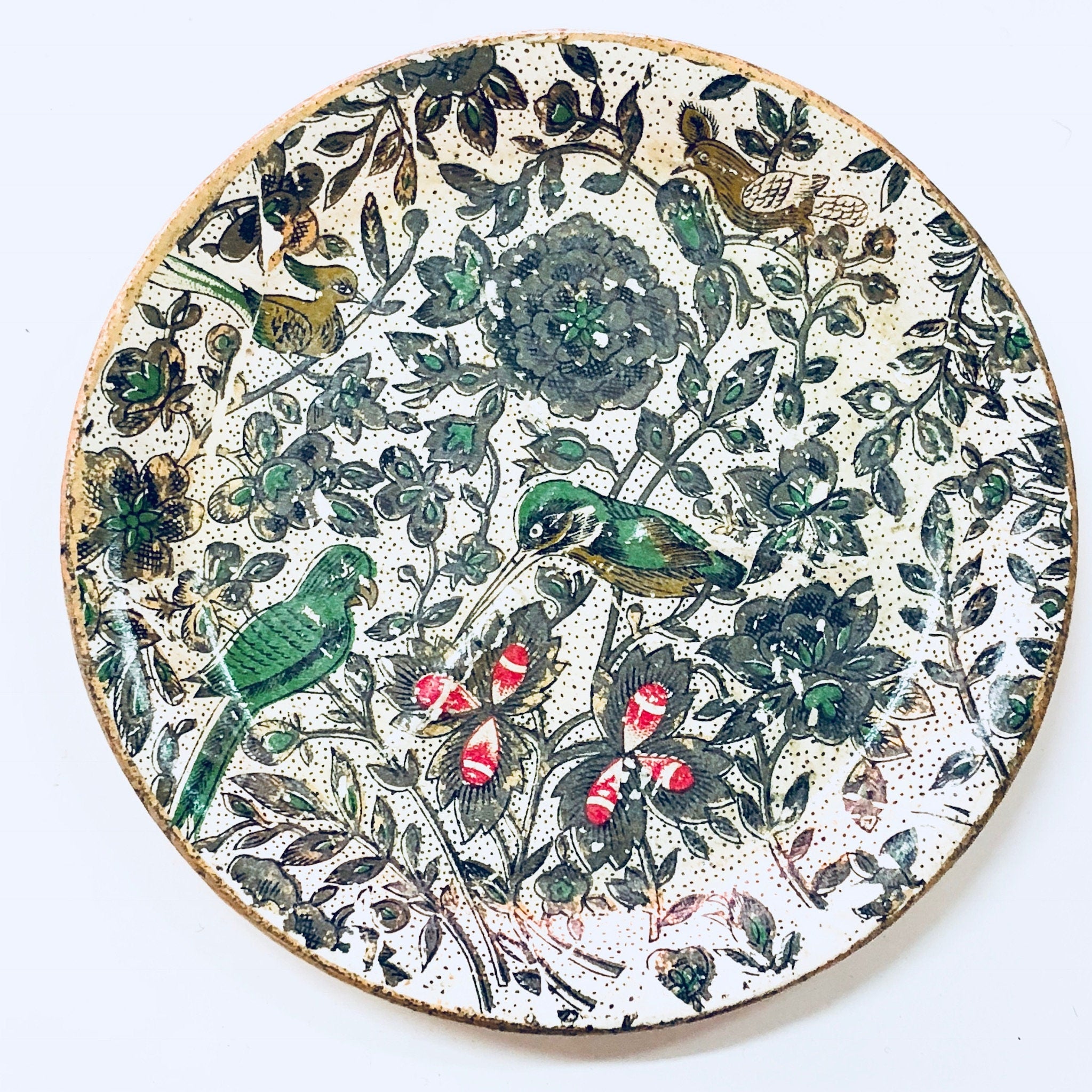 Alfred E Knobler Coasters, Set of 8 Coasters, Box Coasters, Floral Design, Bird Coasters, Paper Mache, Flowers, Vines, White, Green, Red,