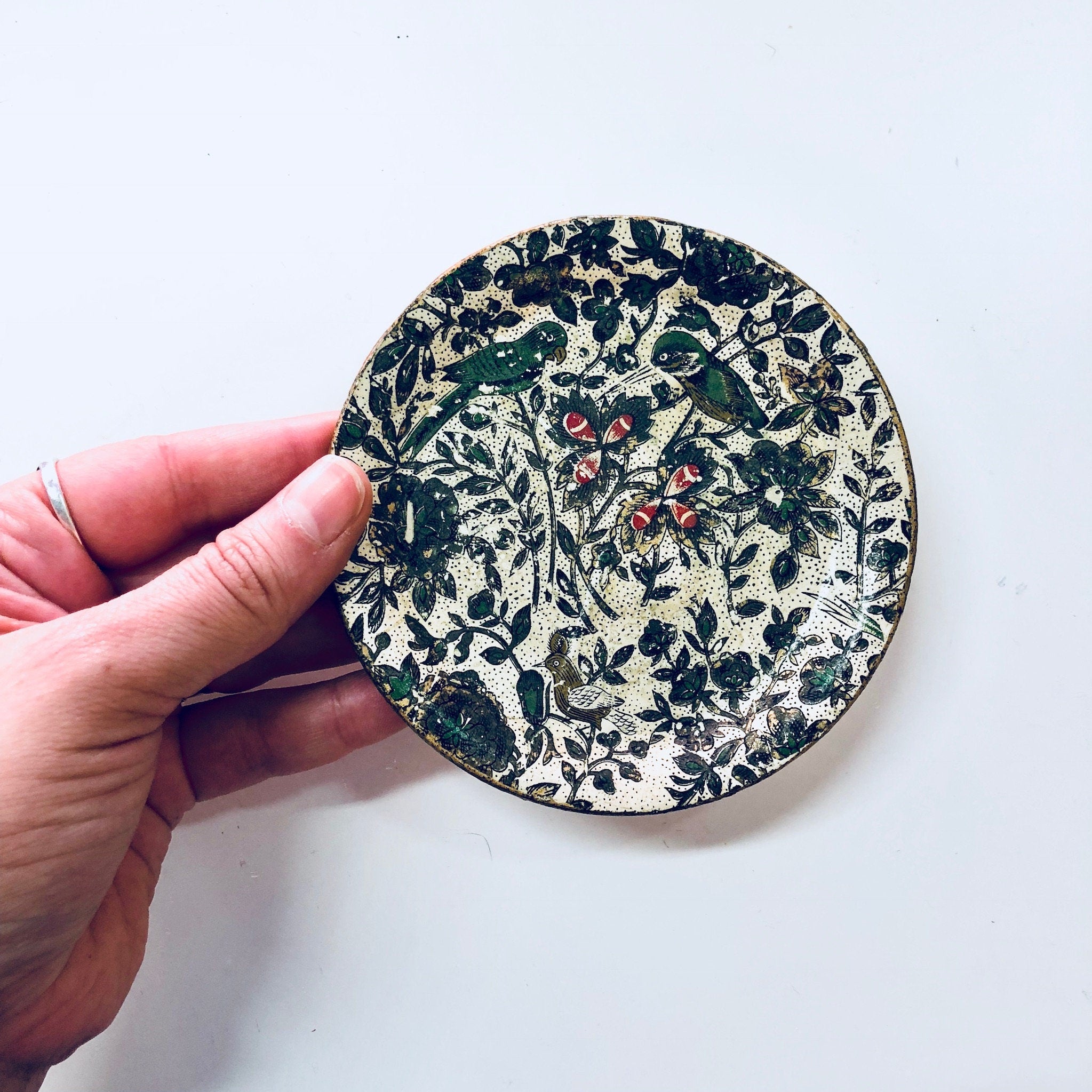 Alfred E Knobler Coasters, Set of 8 Coasters, Box Coasters, Floral Design, Bird Coasters, Paper Mache, Flowers, Vines, White, Green, Red,