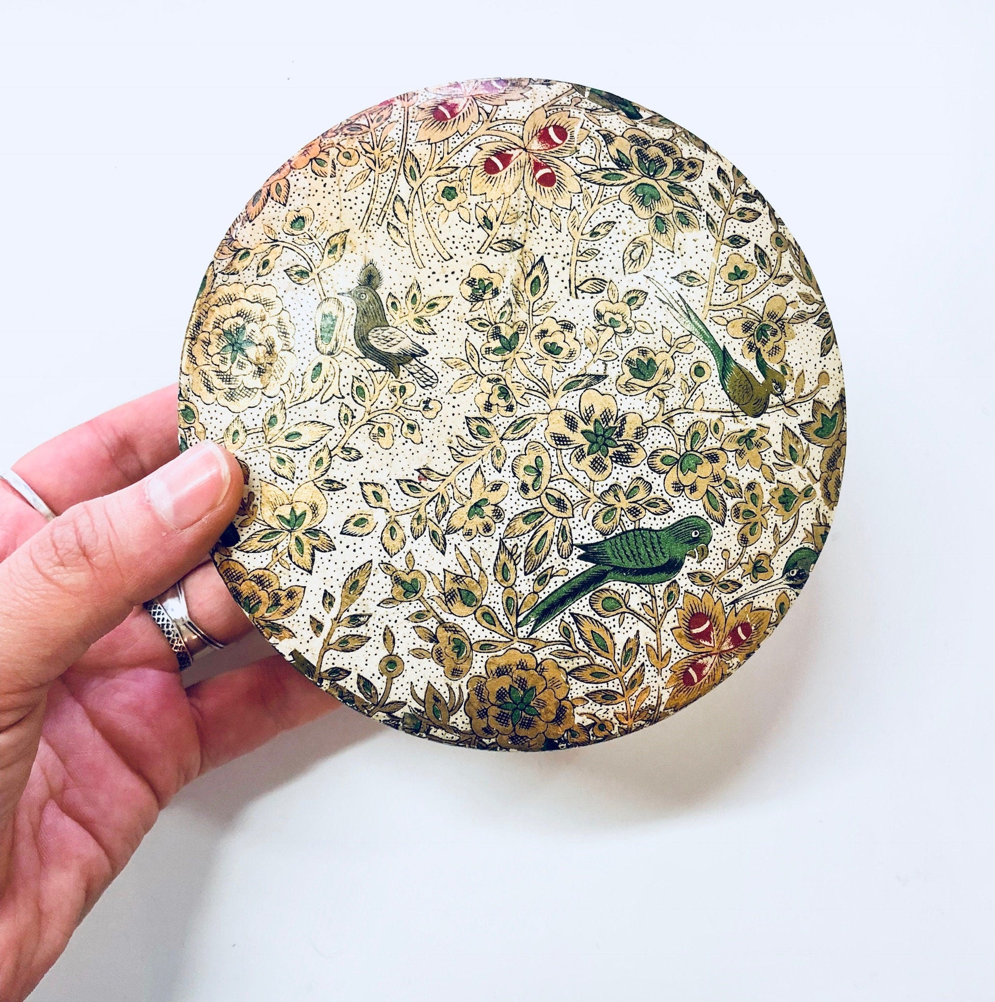 Alfred E Knobler Coasters, Set of 8 Coasters, Box Coasters, Floral Design, Bird Coasters, Paper Mache, Flowers, Vines, White, Green, Red,