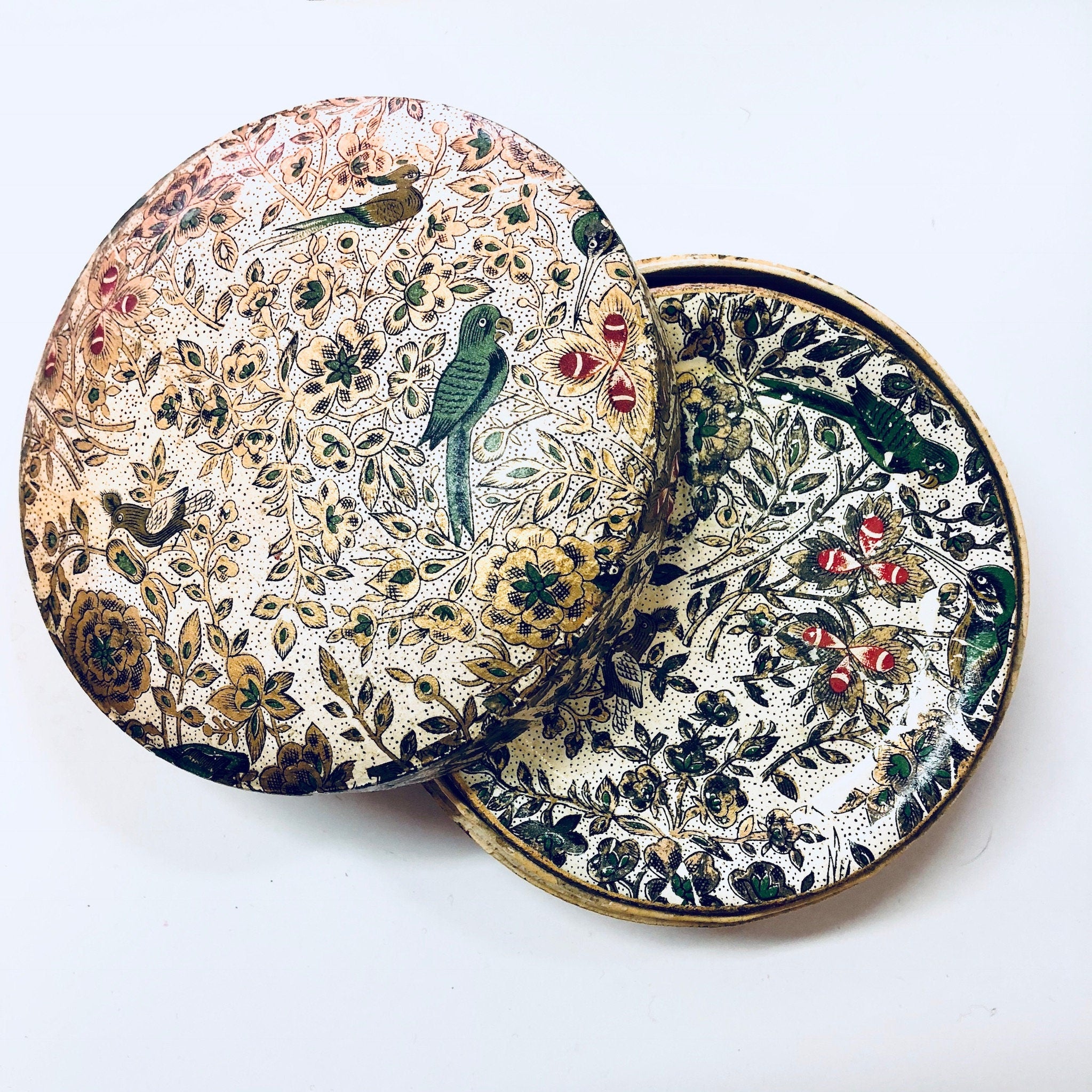 Alfred E Knobler Coasters, Set of 8 Coasters, Box Coasters, Floral Design, Bird Coasters, Paper Mache, Flowers, Vines, White, Green, Red,