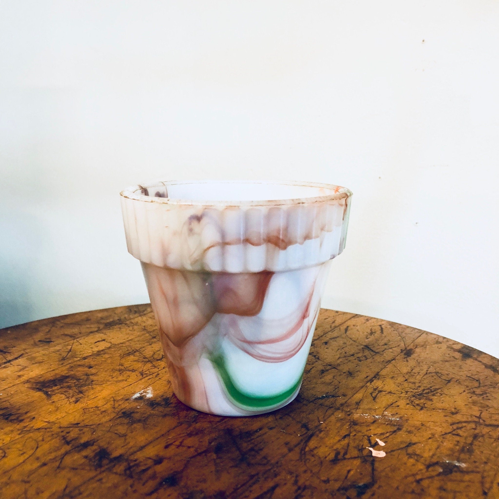 Vintage Planter, Small Planter, Milk Glass, Marbled, Vintage Home Decor, Succulent, Red, Green, Unique, Rare, Planter, Swirl Design, Glass