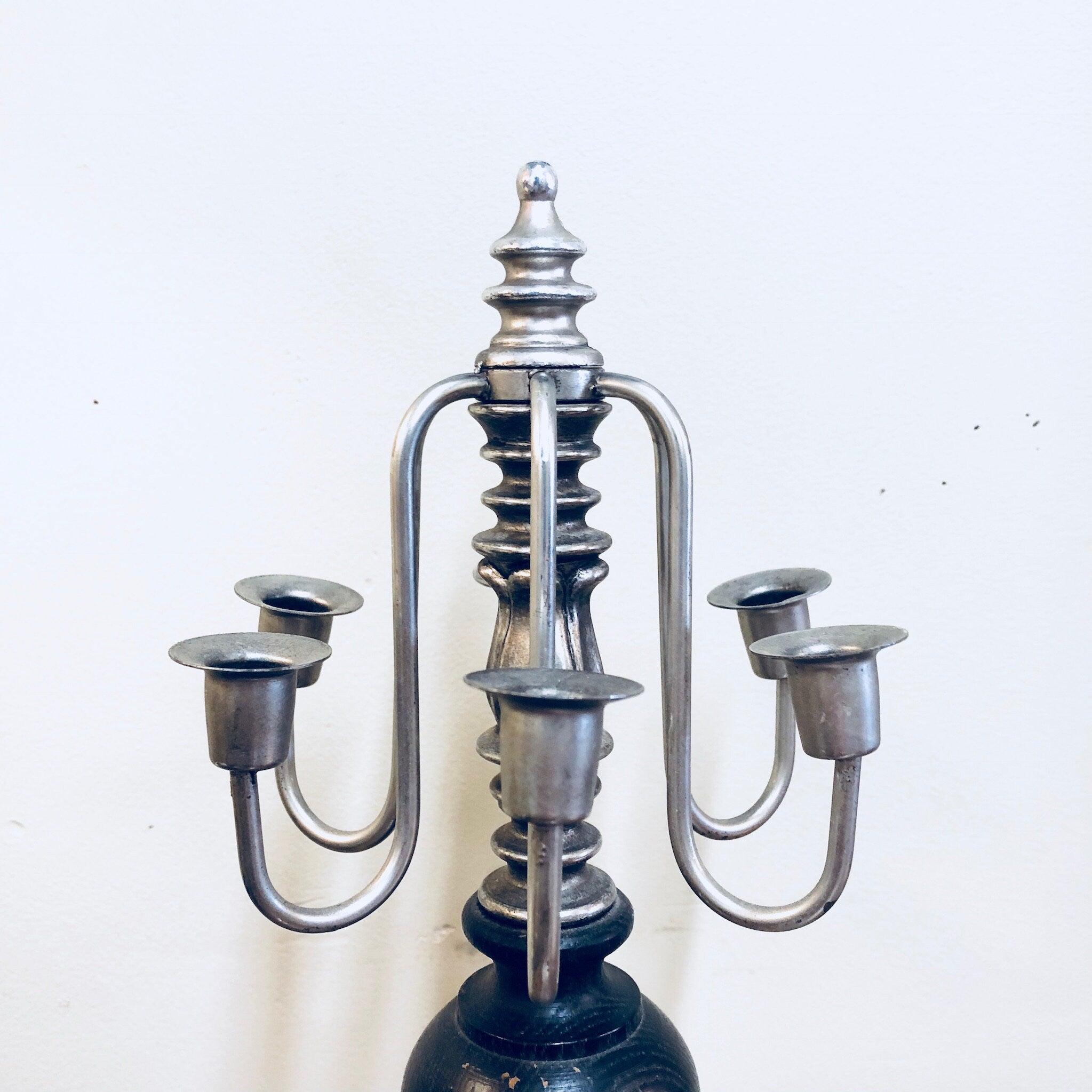 Vintage Candelabra, Candlestick Holder, Small Candelabra, Black, Silver Toned, Vintage Home Decor, Centerpiece, Gothic Decor, Wood, Metal