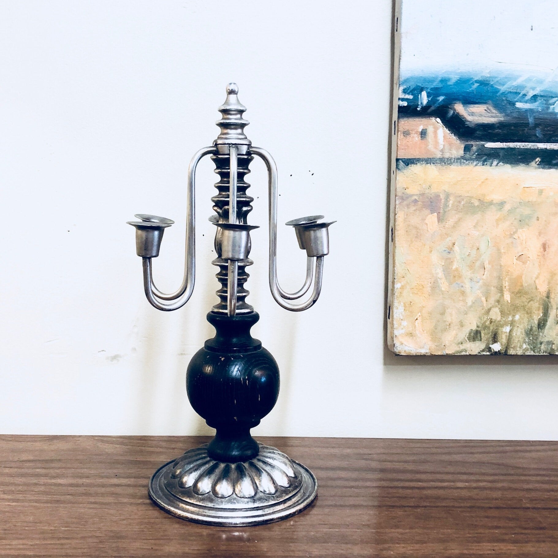 Vintage Candelabra, Candlestick Holder, Small Candelabra, Black, Silver Toned, Vintage Home Decor, Centerpiece, Gothic Decor, Wood, Metal