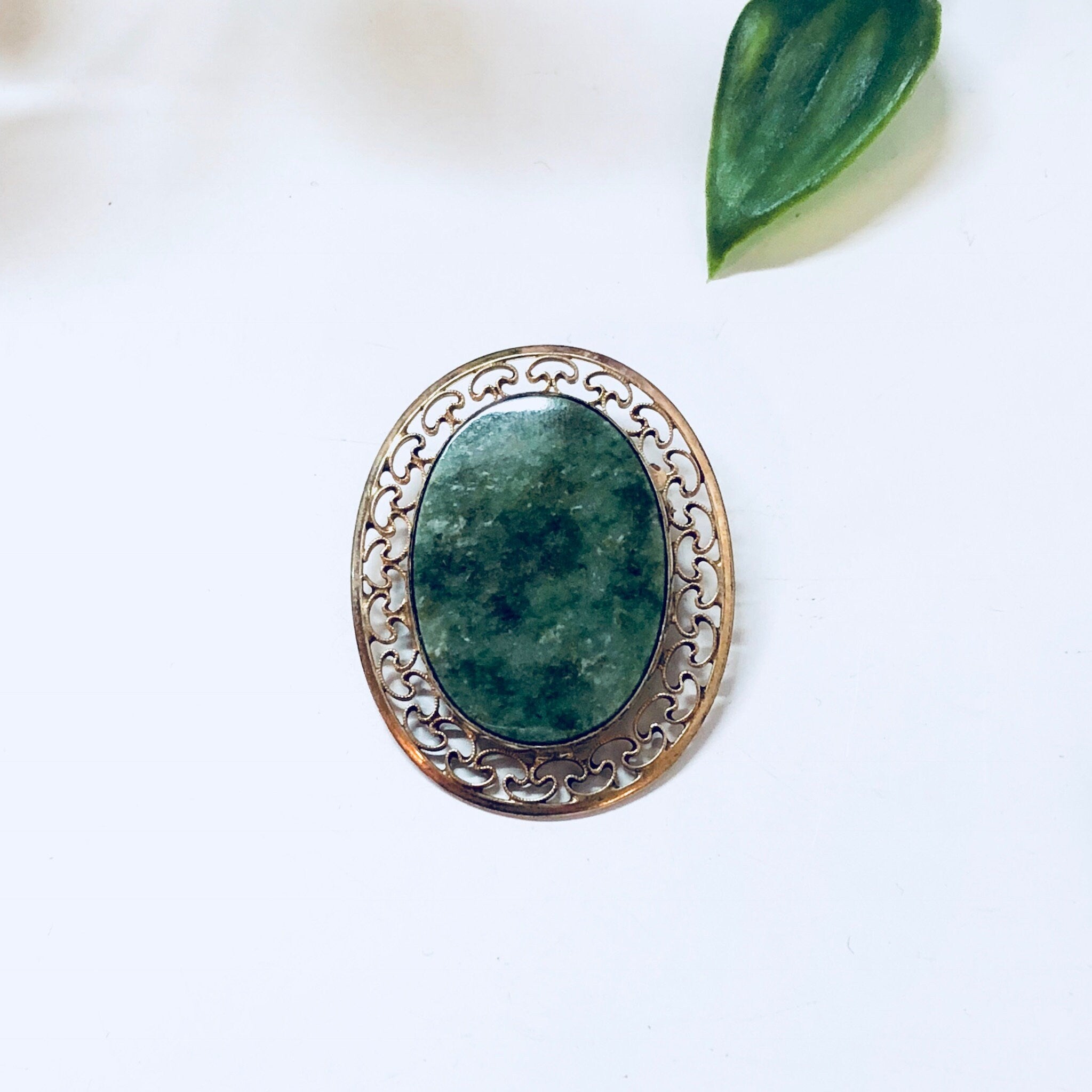 Vintage Brooch, Gold Brooch, Vintage Jewelry, Gold Filled Brooch, Vintage Pin, Green Stone, Green and White, 12K Gold, Green Jewelry, Gold
