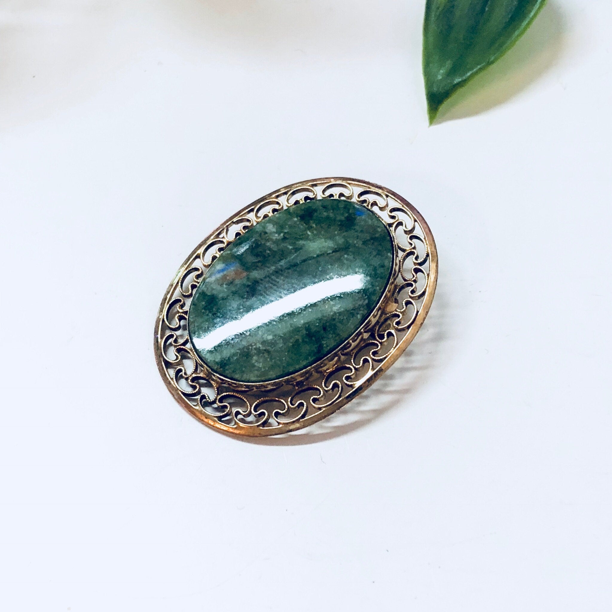 Vintage Brooch, Gold Brooch, Vintage Jewelry, Gold Filled Brooch, Vintage Pin, Green Stone, Green and White, 12K Gold, Green Jewelry, Gold