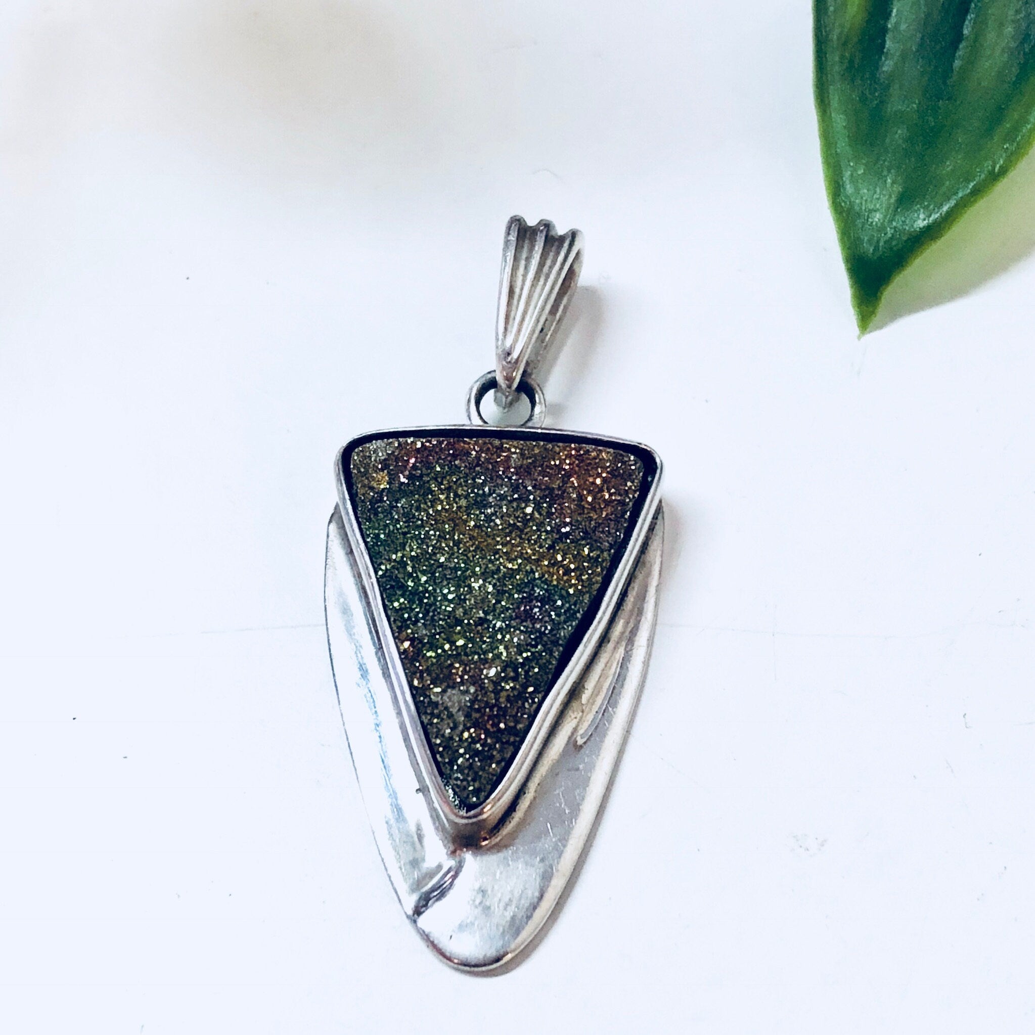 Vintage Pendant, Druzy Quartz, Triangle Pendant, Vintage Necklace, Vintage Jewelry, Sterling Silver, 925, Silver Pendant, Green, Orange Pink