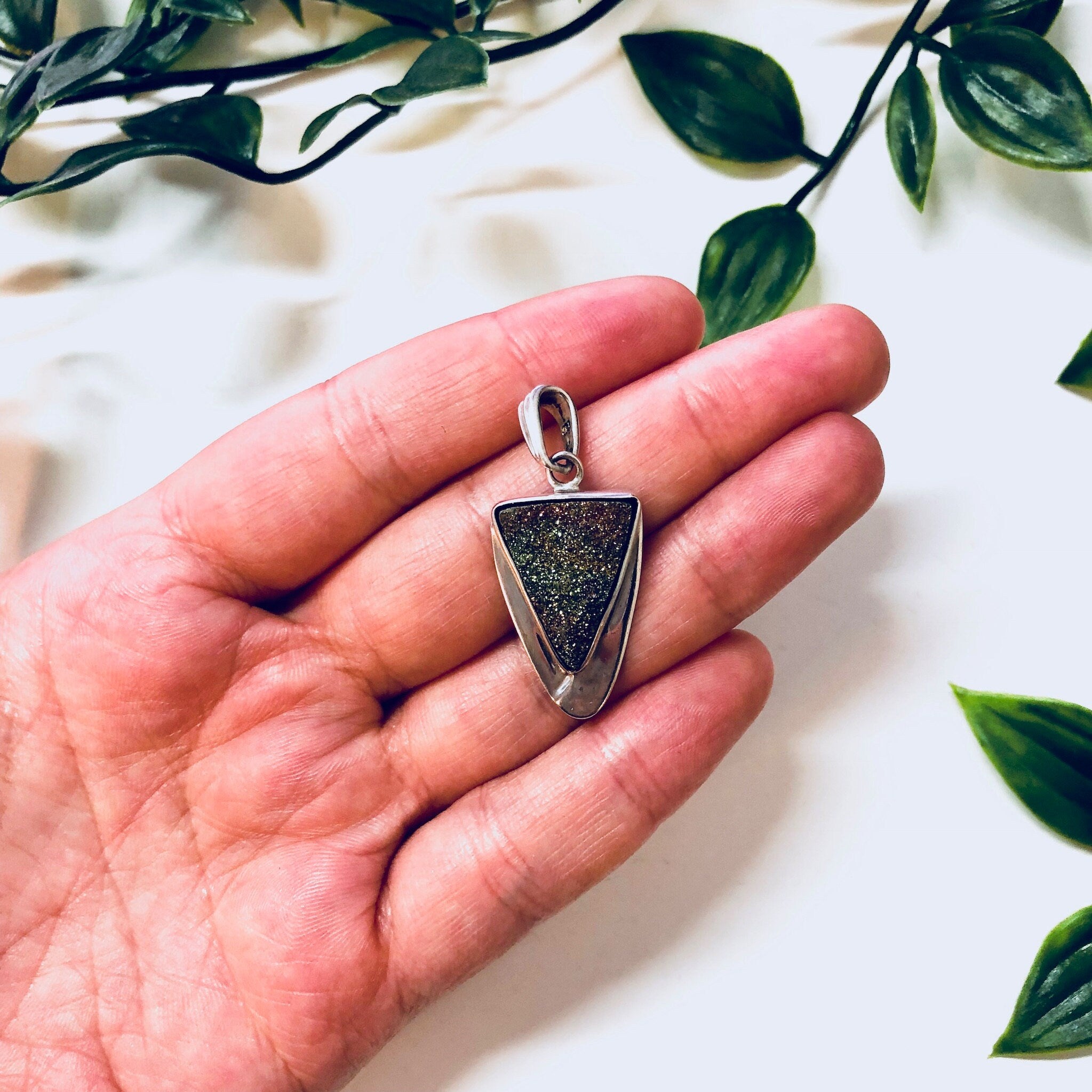 Vintage Pendant, Druzy Quartz, Triangle Pendant, Vintage Necklace, Vintage Jewelry, Sterling Silver, 925, Silver Pendant, Green, Orange Pink
