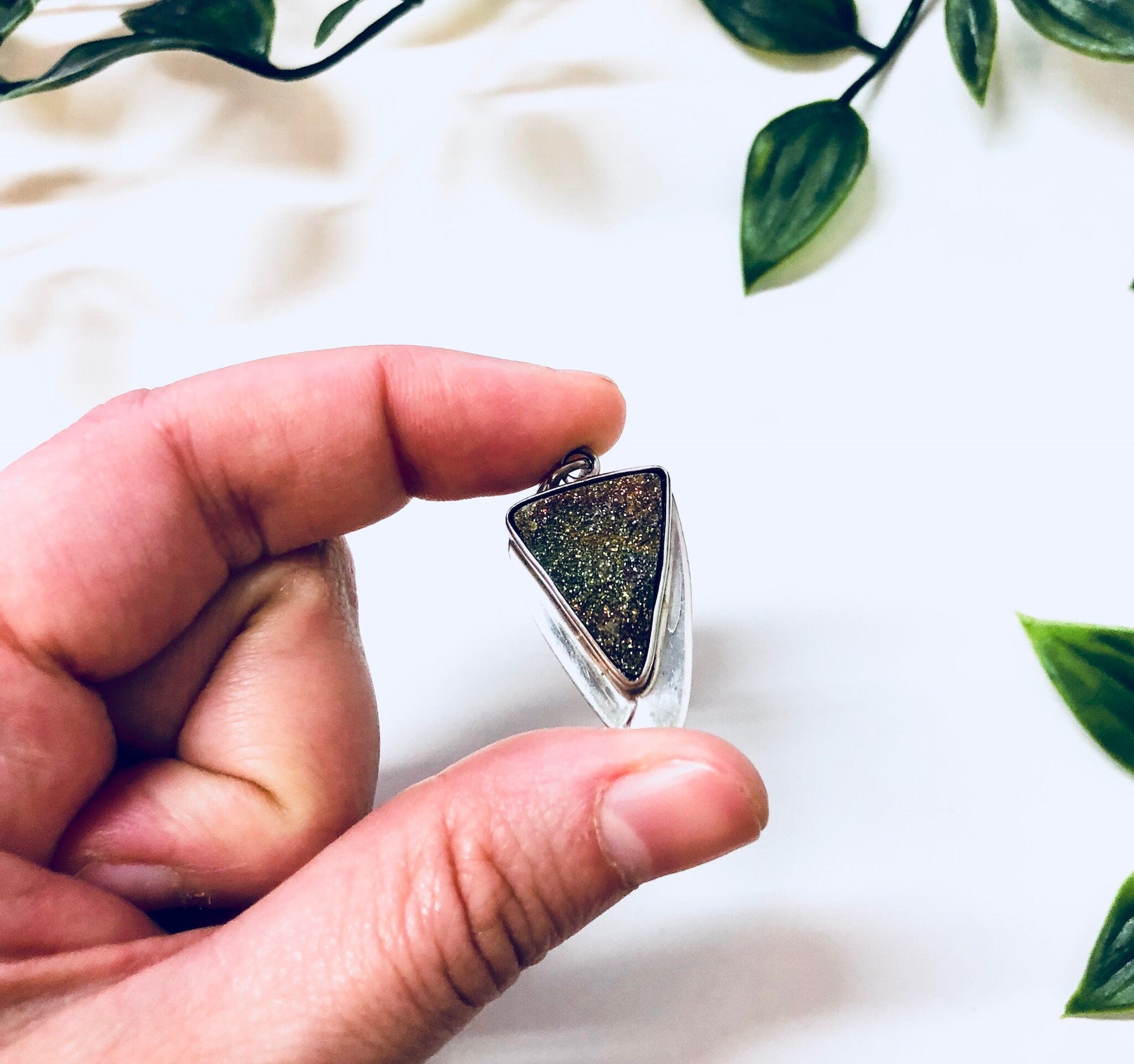 Vintage Pendant, Druzy Quartz, Triangle Pendant, Vintage Necklace, Vintage Jewelry, Sterling Silver, 925, Silver Pendant, Green, Orange Pink