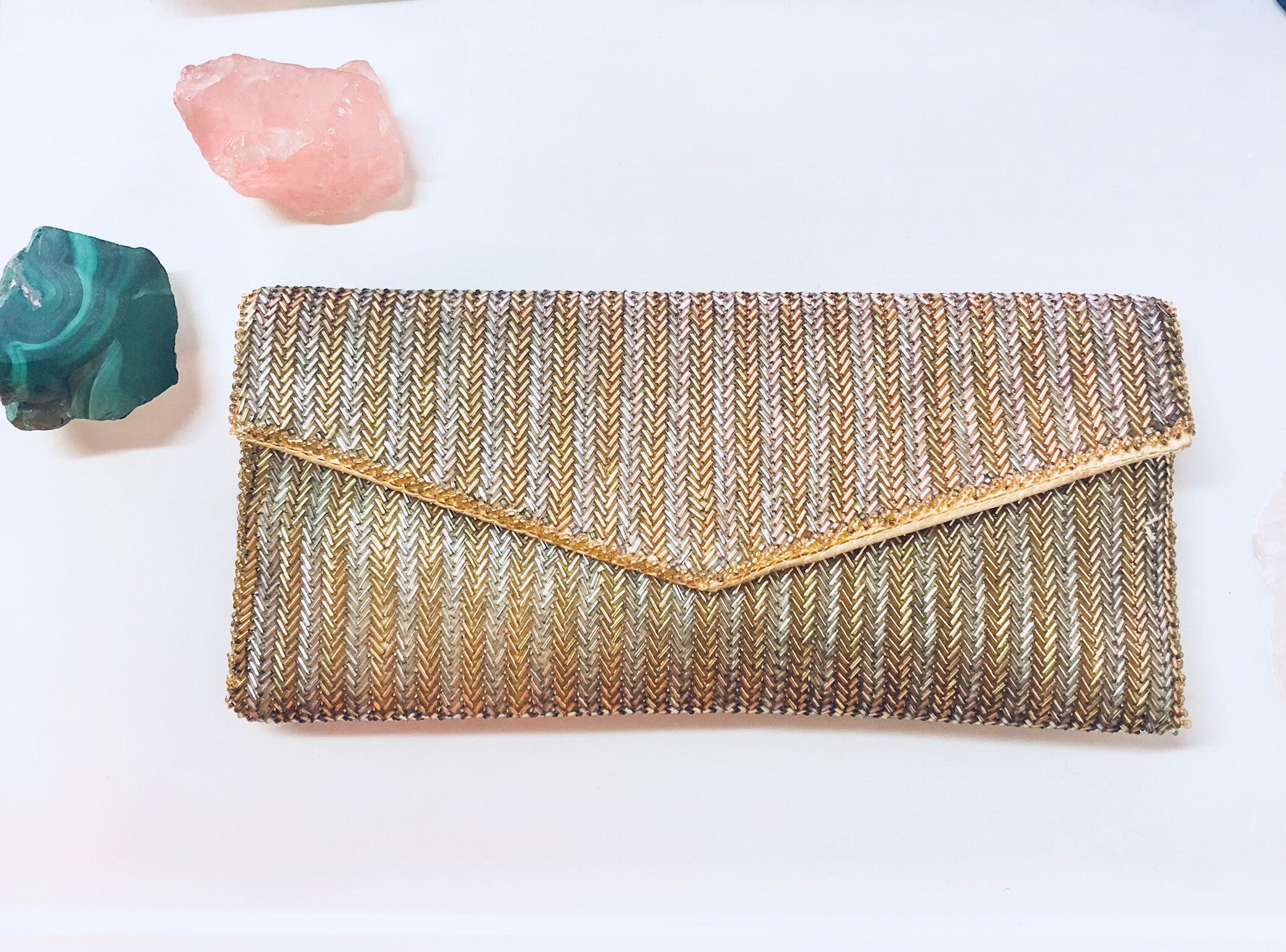 Vintage beaded gold and silver envelope clutch purse, ideal for formalwear, weddings or special occasions.