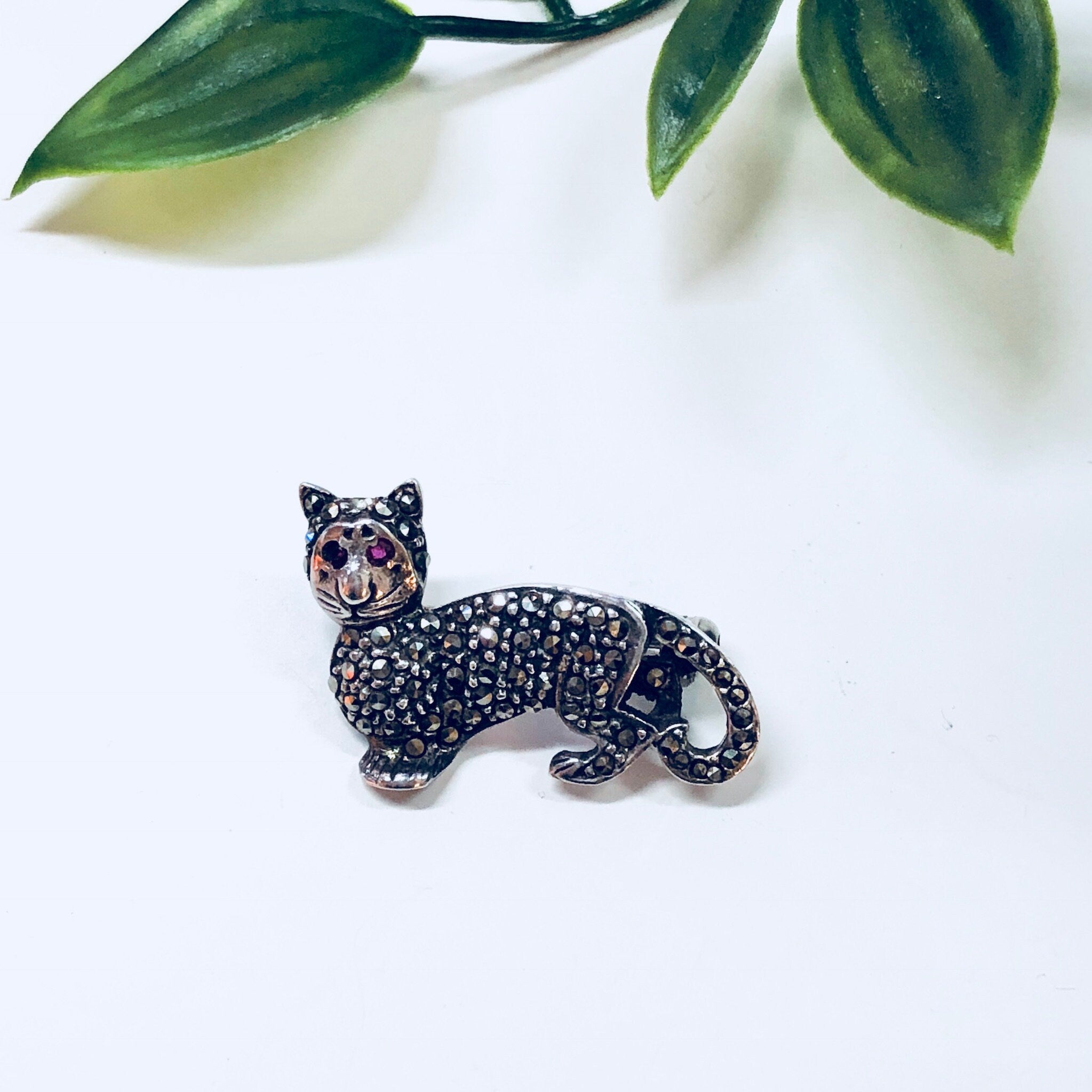 Vintage Silver Brooch, Small Pin, Cat Brooch, Marcasite Jewelry, Red Eyes, Sterling Silver, Vintage Jewelry, Vintage Pin, Kitty Kat, Meow