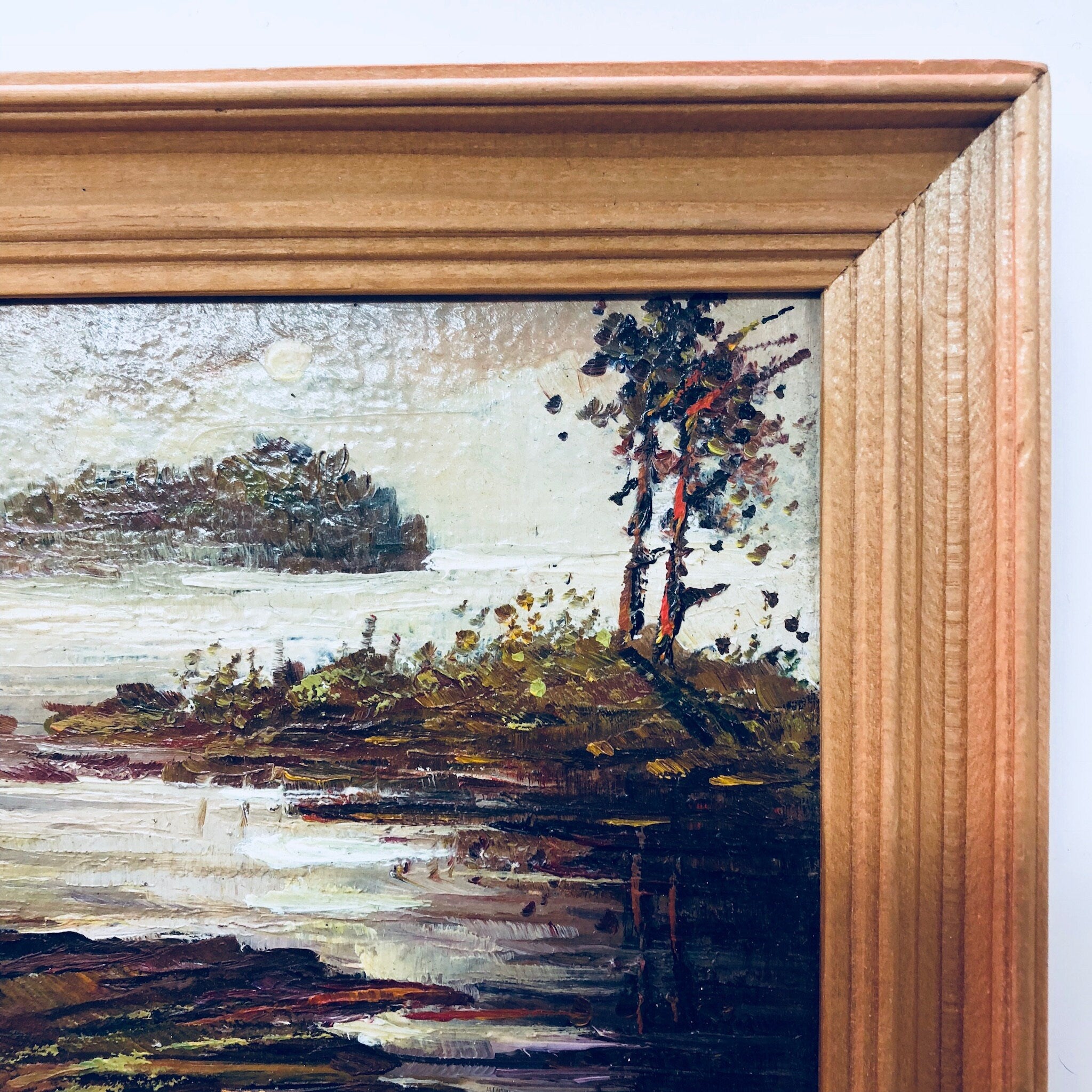 Vintage Oil Painting, Small Painting, Framed Artwork, Scenic Painting, Oil Paint, Russian Art, Lake, River, Trees, Green, Orange, Red