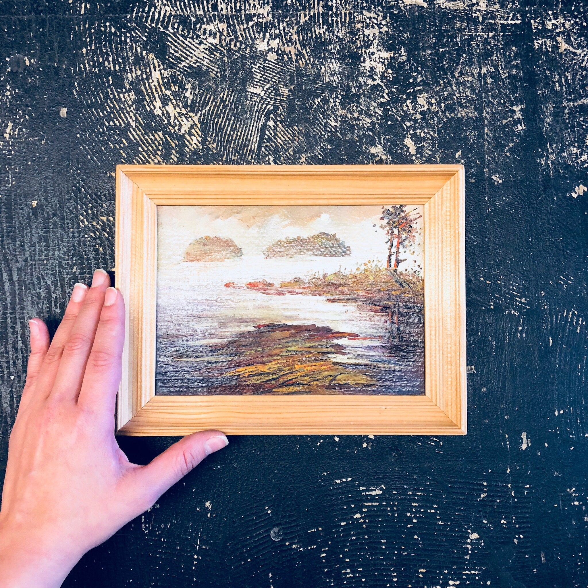 Vintage Oil Painting, Small Painting, Framed Artwork, Scenic Painting, Oil Paint, Russian Art, Lake, River, Trees, Green, Orange, Red