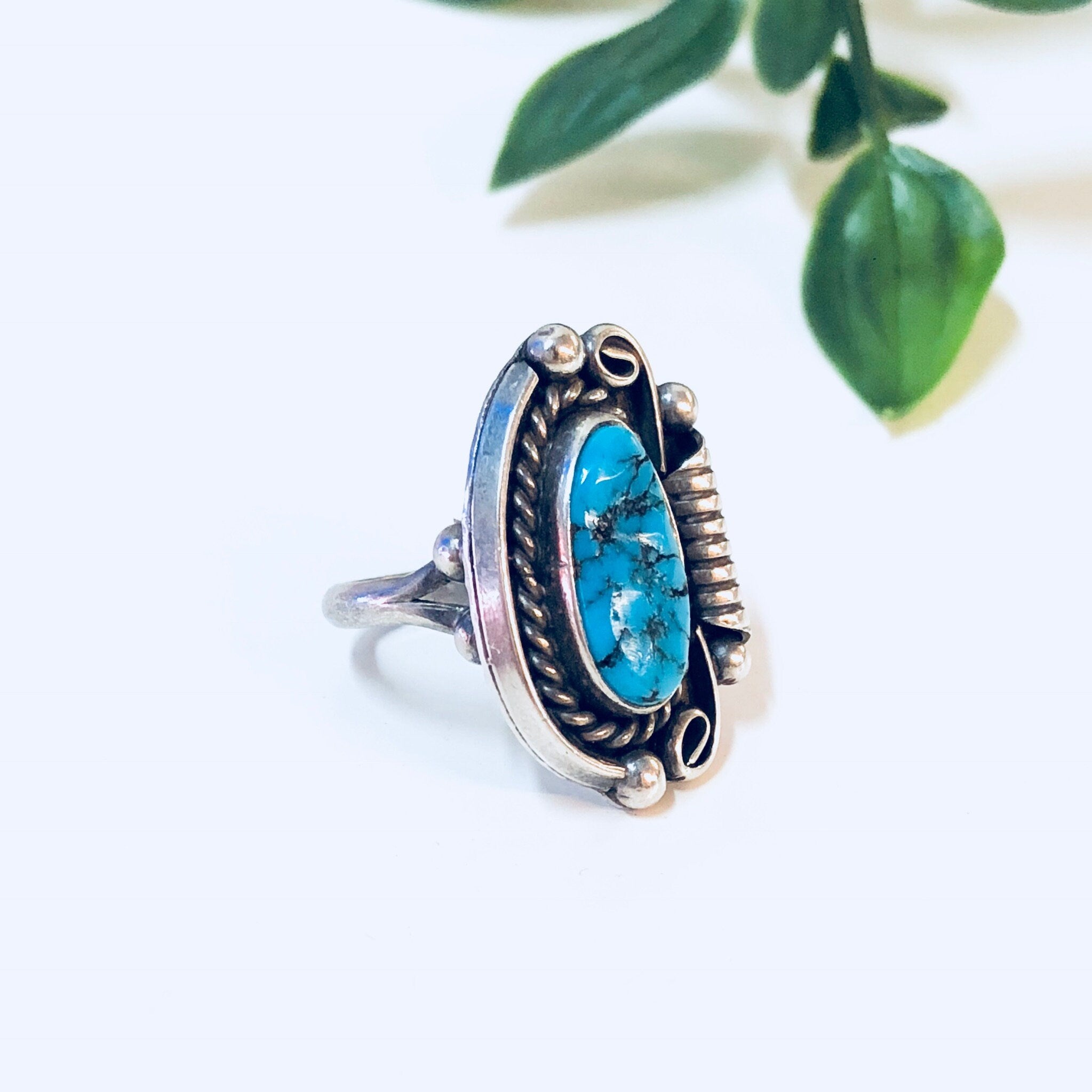 Vintage Southwestern Ring with Turquoise Stone, Sterling Silver Ring, US Size 6 3/4