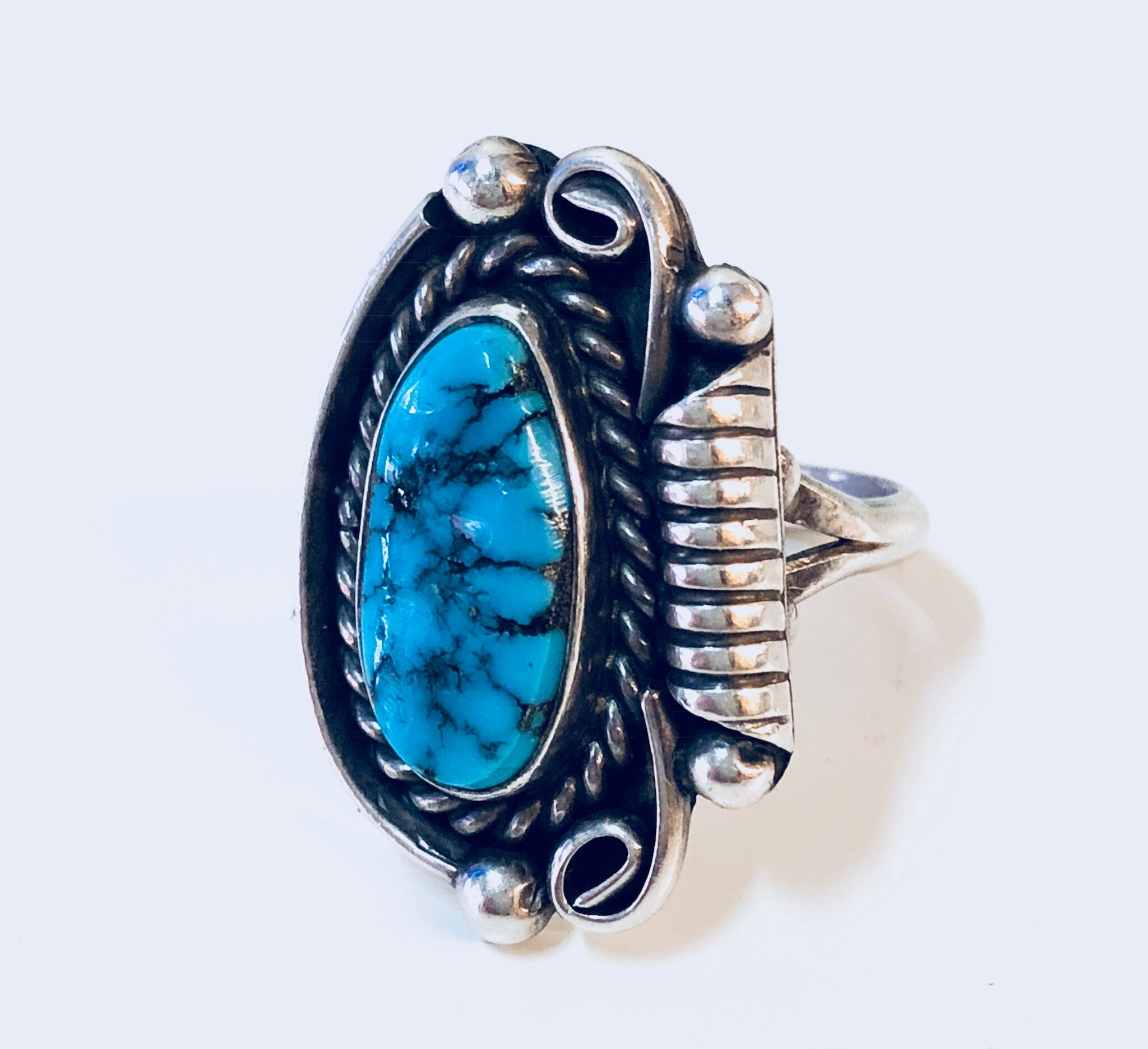 Vintage Southwestern Ring with Turquoise Stone, Sterling Silver Ring, US Size 6 3/4