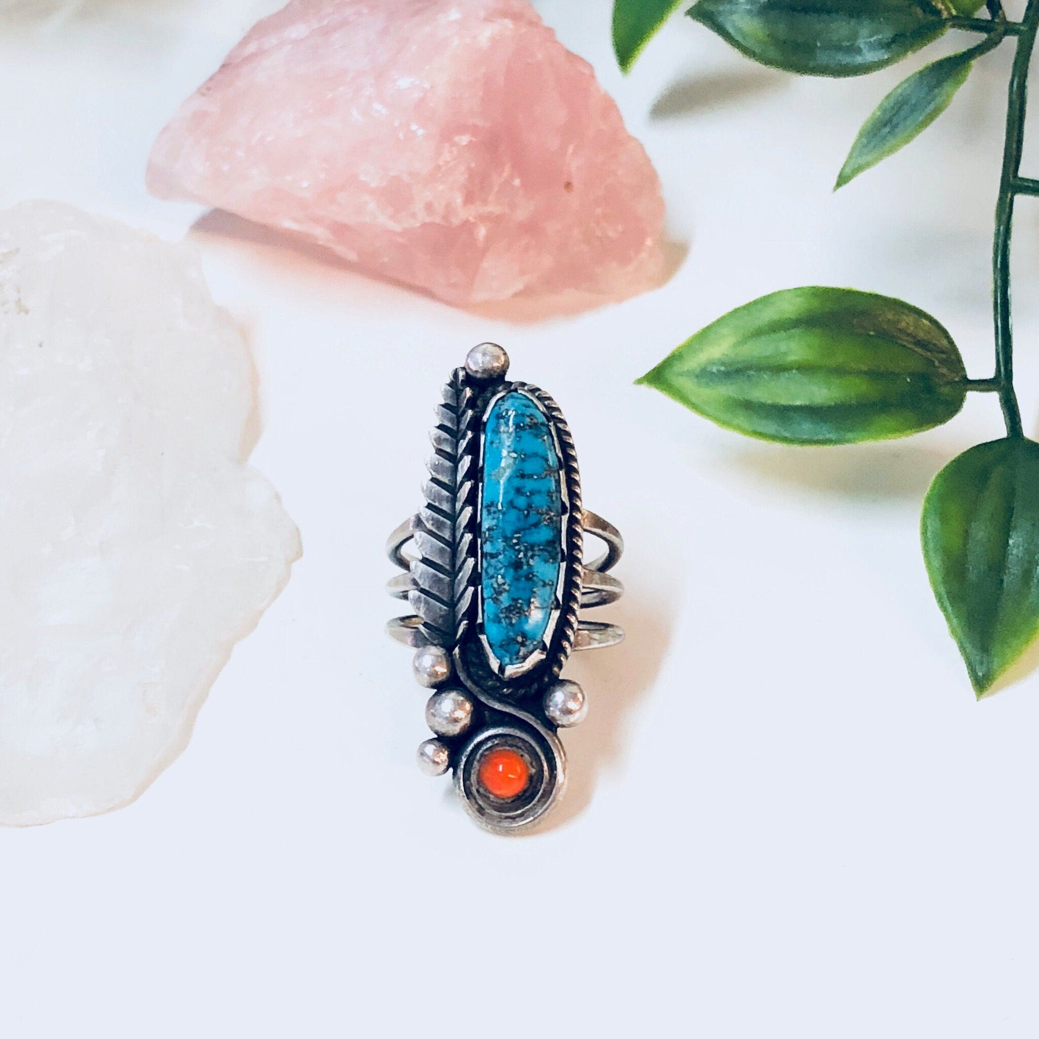 Vintage Southwestern Sterling Silver Statement Ring with Turquoise and Coral Stones