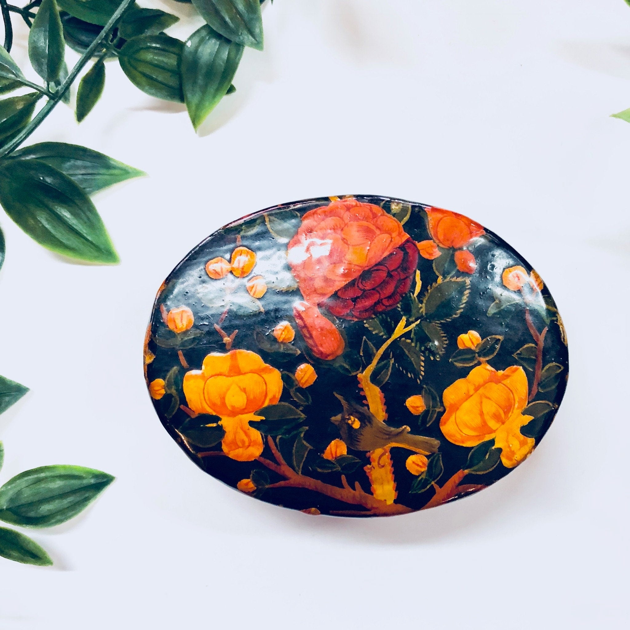 Vintage Trinket Box, Small Jewelry Box, Floral Box, Lidded Container, Jewelry Storage, Black, Flowers, Orange, Bird, Vintage Home Decor