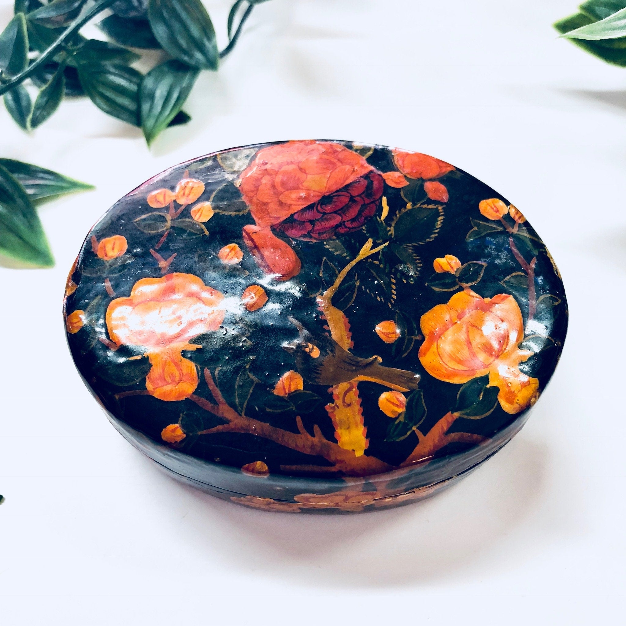 Vintage Trinket Box, Small Jewelry Box, Floral Box, Lidded Container, Jewelry Storage, Black, Flowers, Orange, Bird, Vintage Home Decor