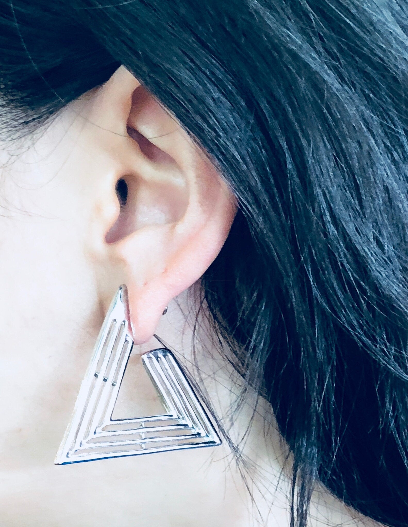 Vintage Earrings, Silver Toned Earrings, Triangle Earrings, Retro Jewelry, Costume Jewelry, Statement Jewelry, Triangle Hoops, Unique