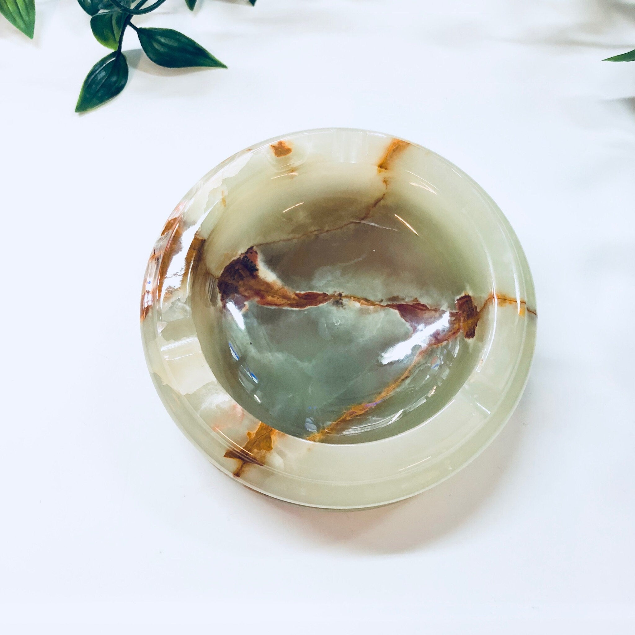 Vintage Ashtray, Stoneware, Green, Orange, Natural Stones, Vintage Home Decor, Catch All Dish, Ring Dish, Marble, Swirl, Agate, Light Green