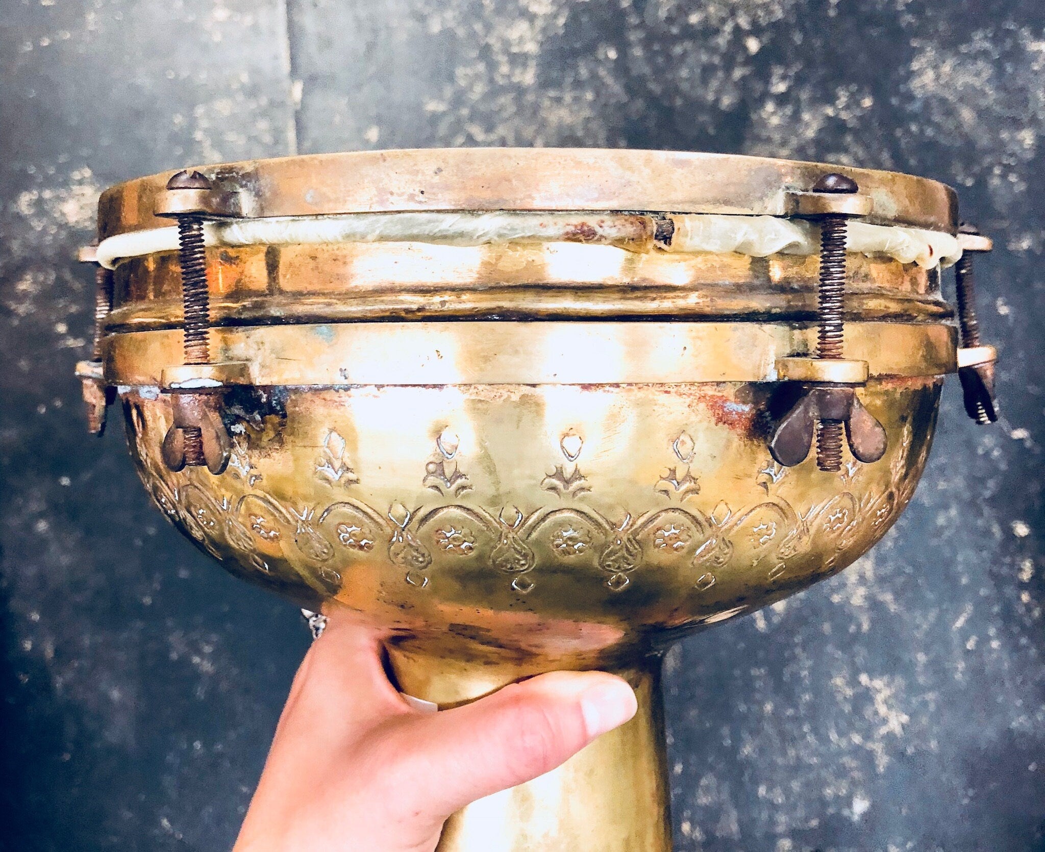 Vintage Drum, Brass Drum, Etched Brass, Antique Drum, Vintage Home Decor, Unique Decor, Music, Instrument, India, Retro Decor, Gold, Drum