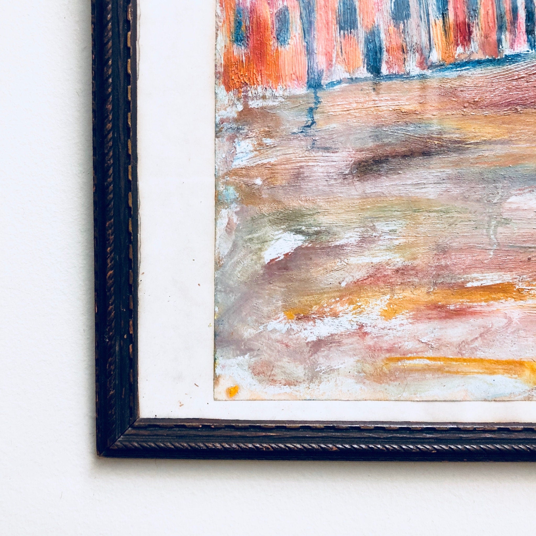 Vintage Painting, Vintage Artwork, Framed Artwork, Colorful Painting, Signed Art, Landscape Art, Houses, Trees, Village, Red, Orange, Green