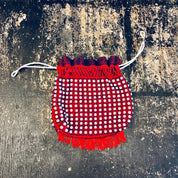 Vintage Bag, Purse, Pouch, Drawstring Purse, Handbag, Beaded Bag, Fringe Purse, Makeup Bag, Red, White, Blue, Beads, Rope, Made in Hong Kong