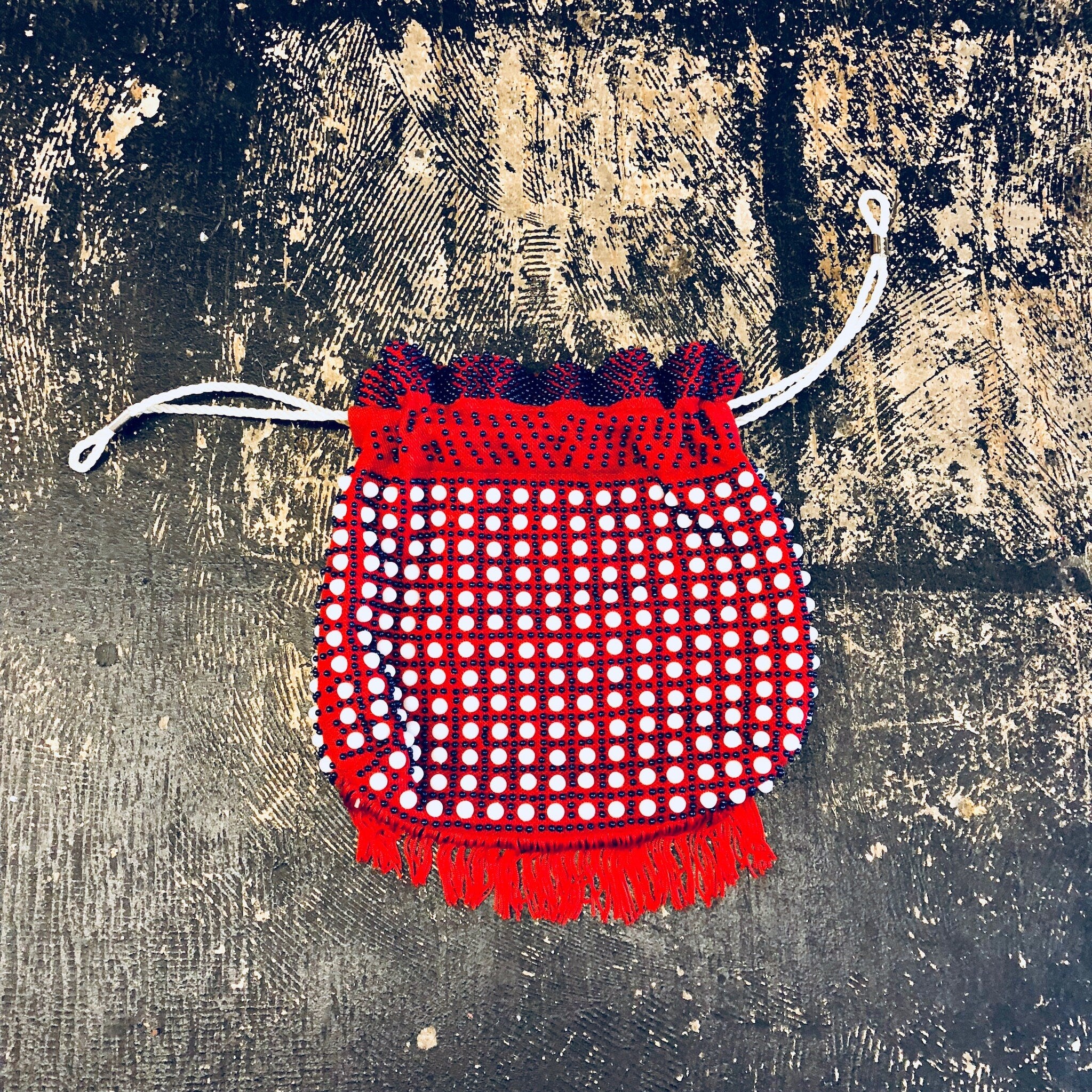 Vintage Bag, Purse, Pouch, Drawstring Purse, Handbag, Beaded Bag, Fringe Purse, Makeup Bag, Red, White, Blue, Beads, Rope, Made in Hong Kong