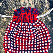 Vintage Bag, Purse, Pouch, Drawstring Purse, Handbag, Beaded Bag, Fringe Purse, Makeup Bag, Red, White, Blue, Beads, Rope, Made in Hong Kong