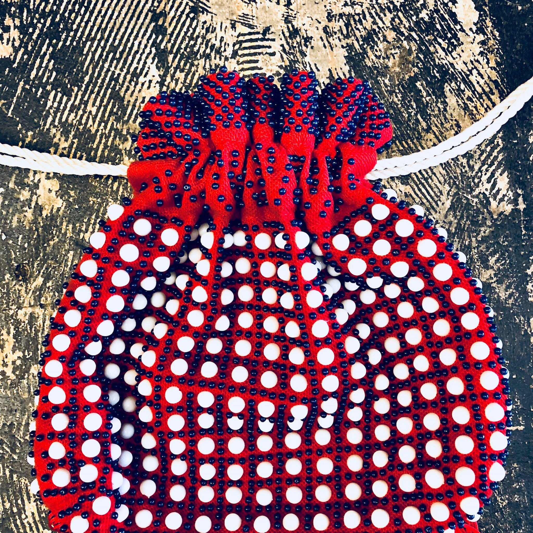 Vintage Bag, Purse, Pouch, Drawstring Purse, Handbag, Beaded Bag, Fringe Purse, Makeup Bag, Red, White, Blue, Beads, Rope, Made in Hong Kong