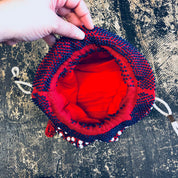 Vintage Bag, Purse, Pouch, Drawstring Purse, Handbag, Beaded Bag, Fringe Purse, Makeup Bag, Red, White, Blue, Beads, Rope, Made in Hong Kong