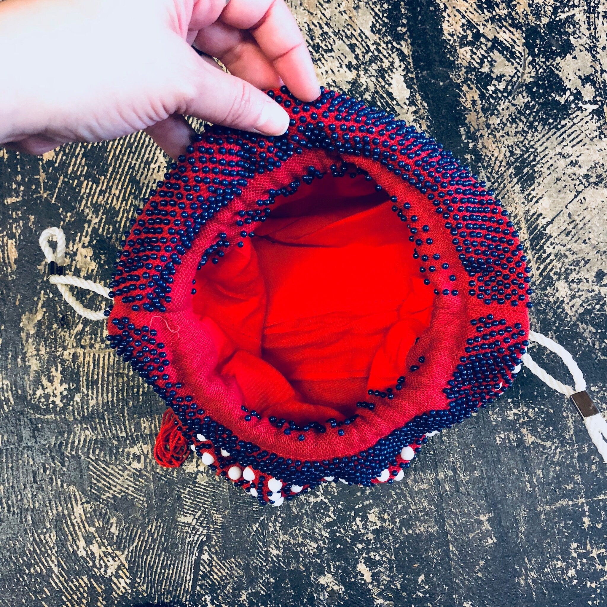 Vintage Bag, Purse, Pouch, Drawstring Purse, Handbag, Beaded Bag, Fringe Purse, Makeup Bag, Red, White, Blue, Beads, Rope, Made in Hong Kong