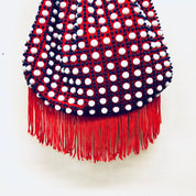Vintage Bag, Purse, Pouch, Drawstring Purse, Handbag, Beaded Bag, Fringe Purse, Makeup Bag, Red, White, Blue, Beads, Rope, Made in Hong Kong