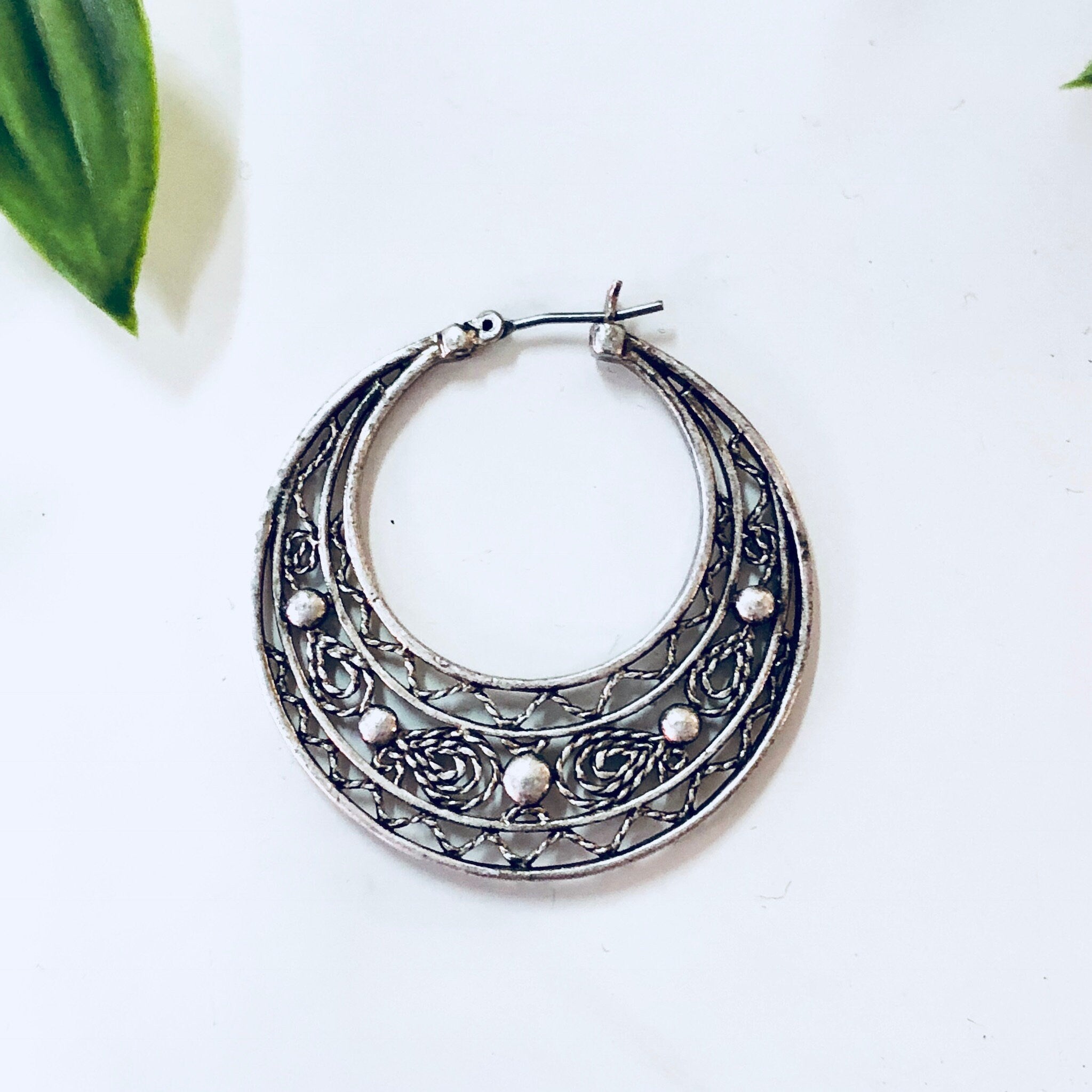 Vintage Earrings, Hoop Earrings, Pierced Ears, Costume Jewelry, Filagree, Silver Toned Jewelry, Statement Jewelry, Funky Earrings, Hoops