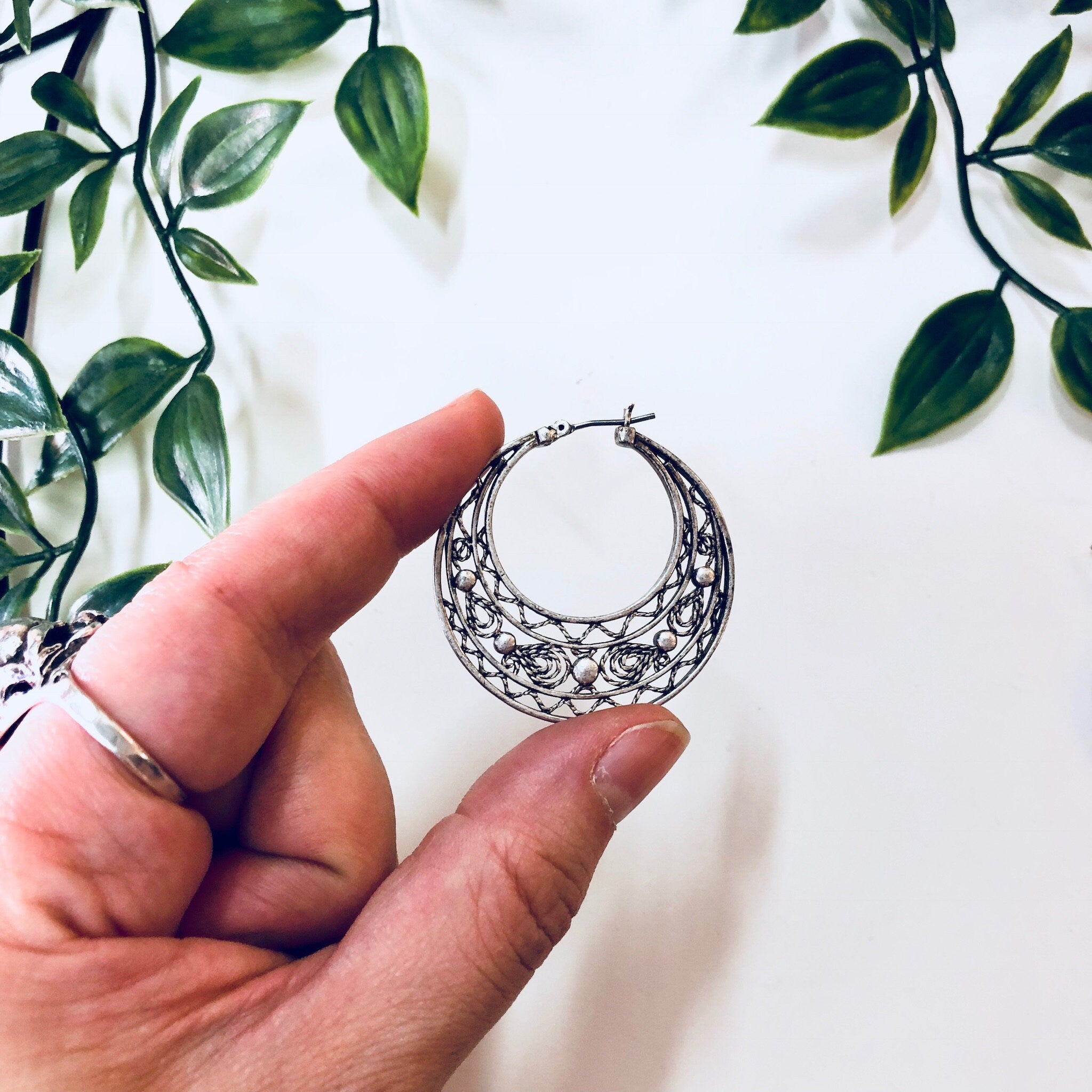 Vintage Earrings, Hoop Earrings, Pierced Ears, Costume Jewelry, Filagree, Silver Toned Jewelry, Statement Jewelry, Funky Earrings, Hoops
