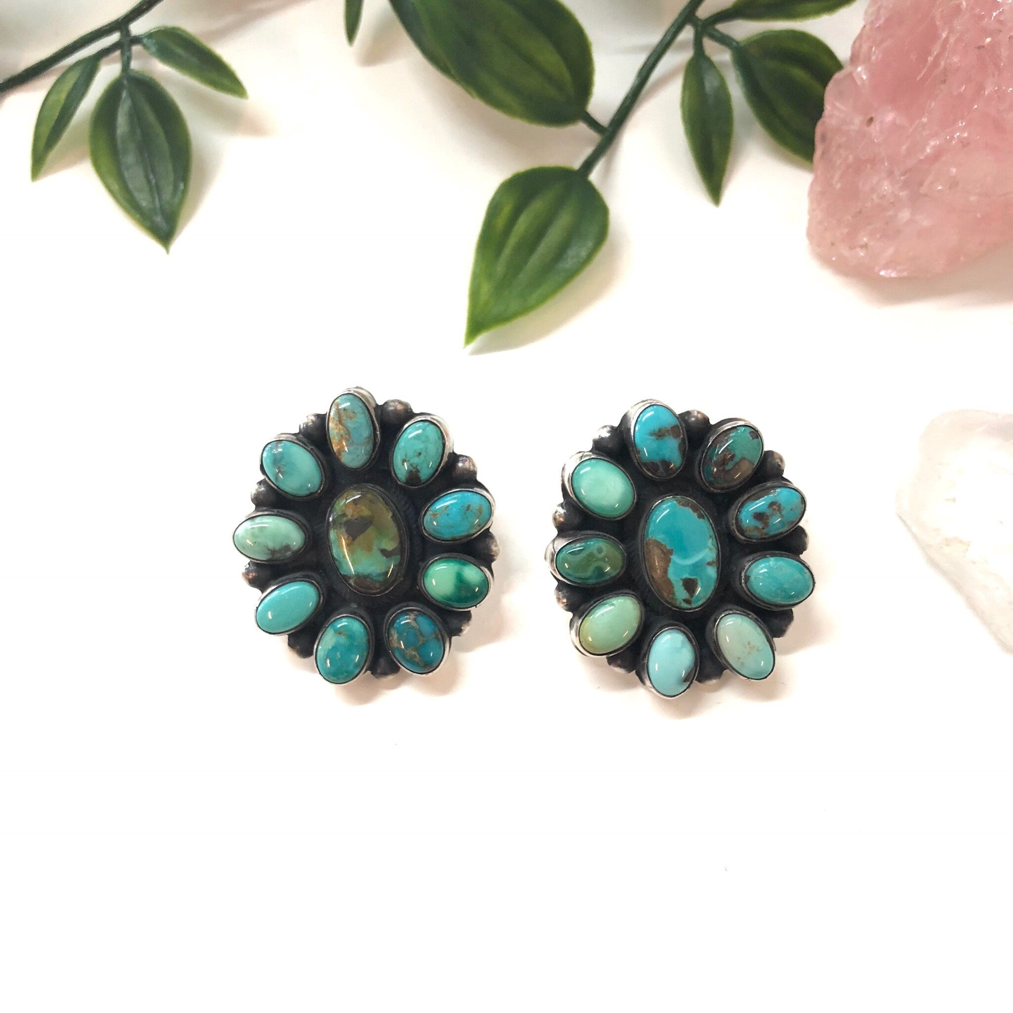 Large Vintage Sterling Silver Earrings with Turquoise Stones, Chunky Earrings, Pierced Ears