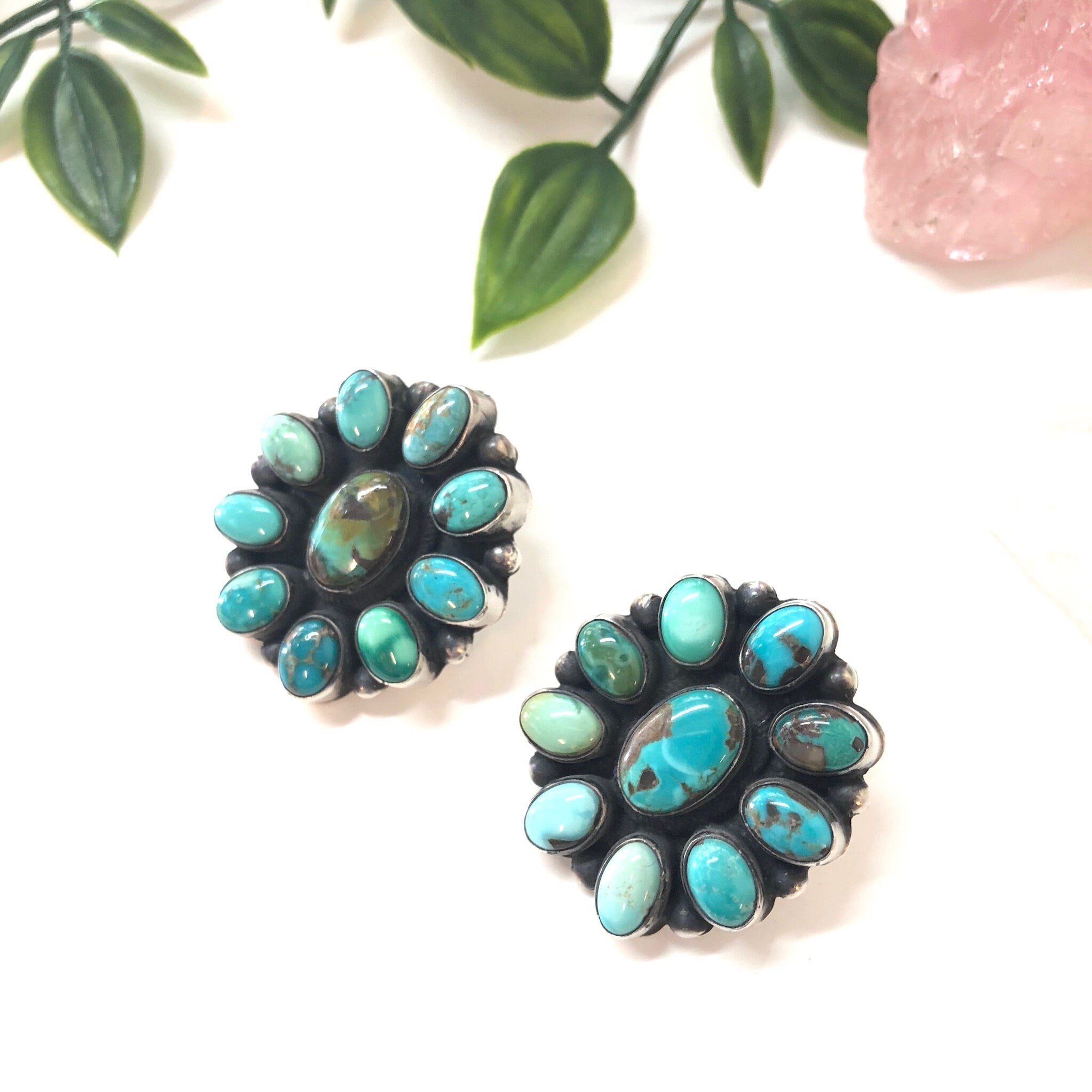 Large Vintage Sterling Silver Earrings with Turquoise Stones, Chunky Earrings, Pierced Ears