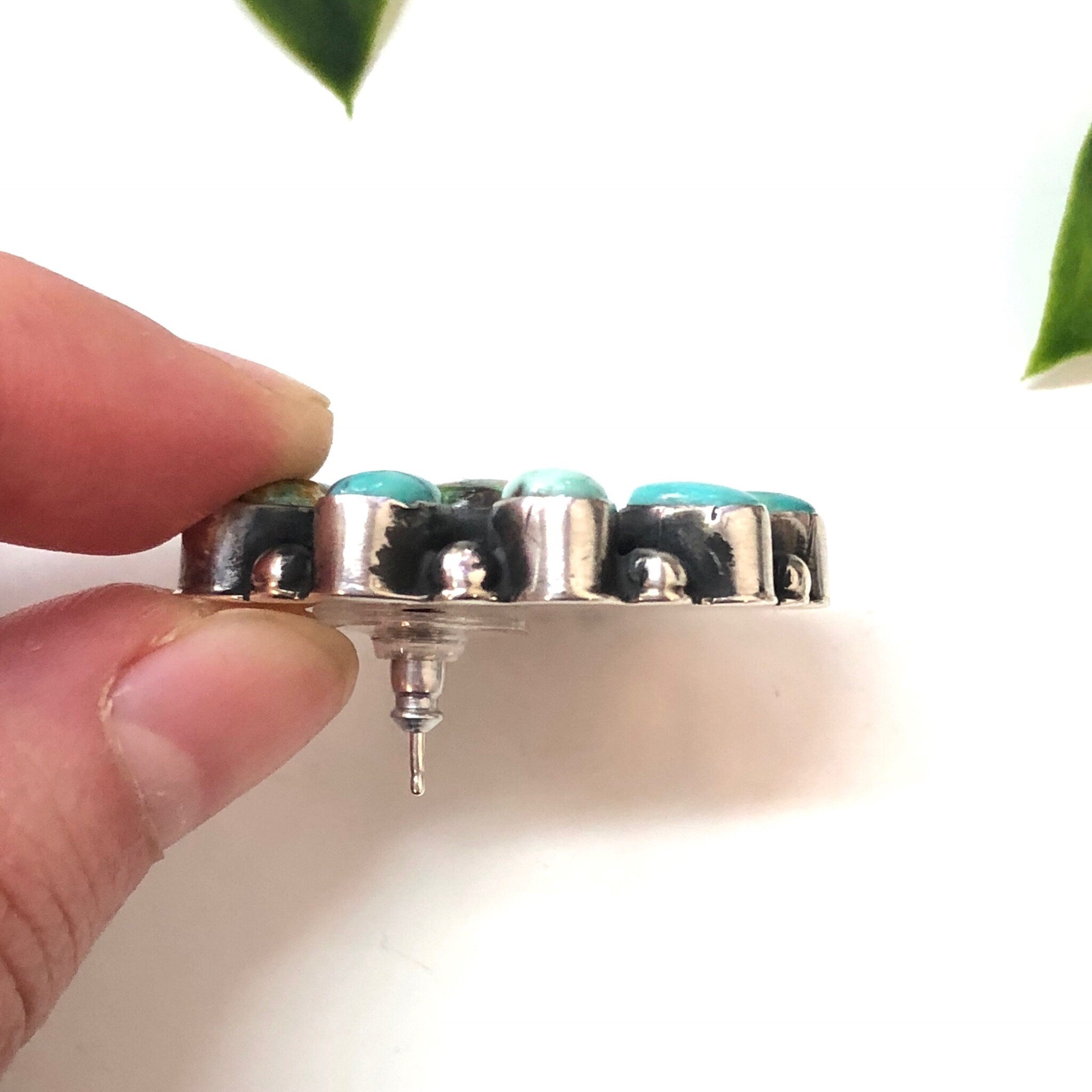 Large Vintage Sterling Silver Earrings with Turquoise Stones, Chunky Earrings, Pierced Ears
