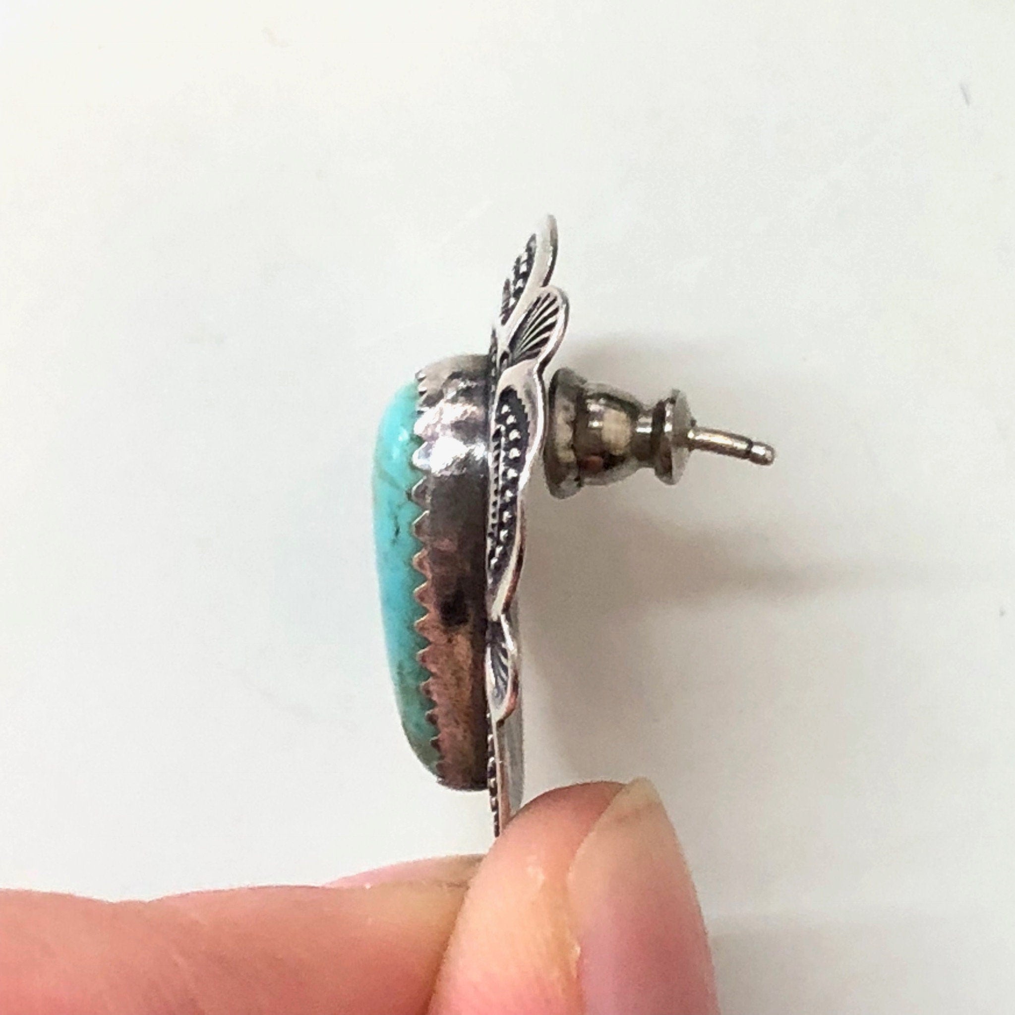 Vintage Sterling Silver Heart and Feather Earrings with Turquoise Stones