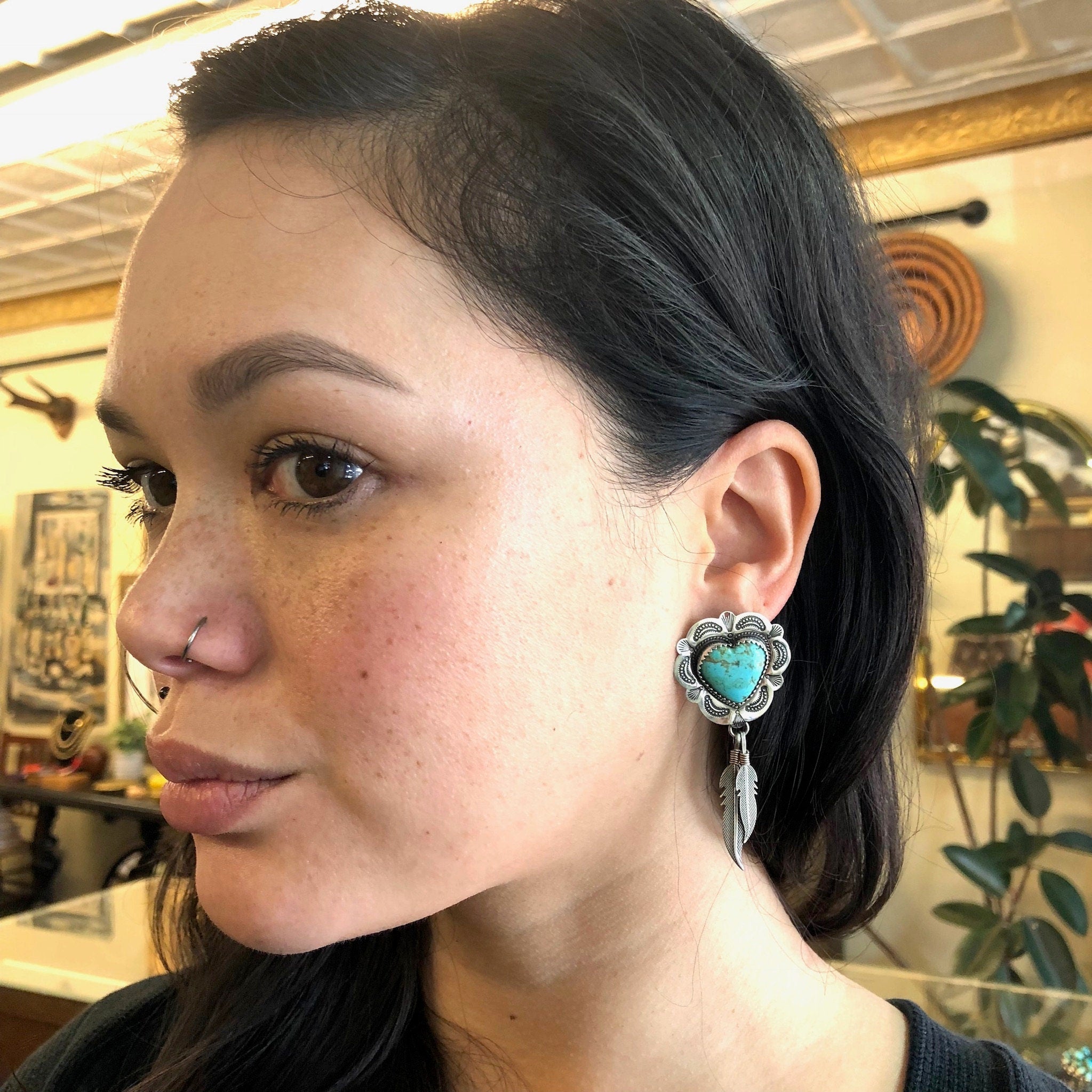 Vintage Sterling Silver Heart and Feather Earrings with Turquoise Stones