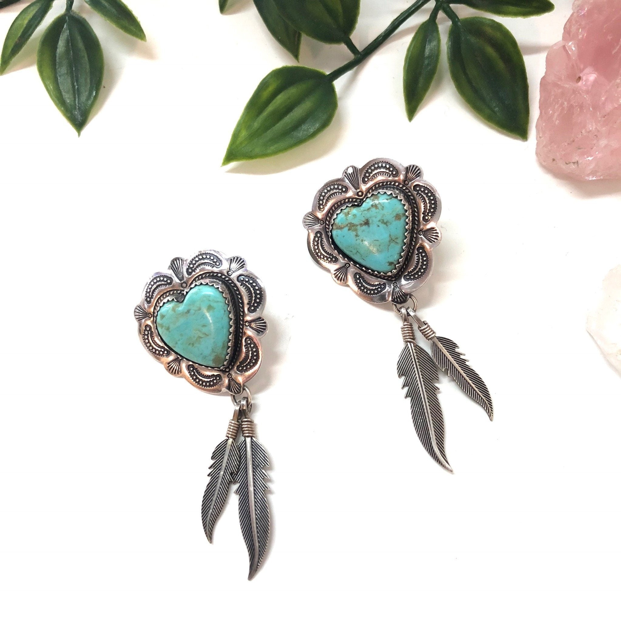 Vintage Sterling Silver Heart and Feather Earrings with Turquoise Stones