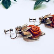 Vintage Earrings, Rose Earrings, Screw Back Earrings, Gold Toned Jewelry, Floral Earrings, Flowers, Pretty, Anniversary Gift, Orange, Gold