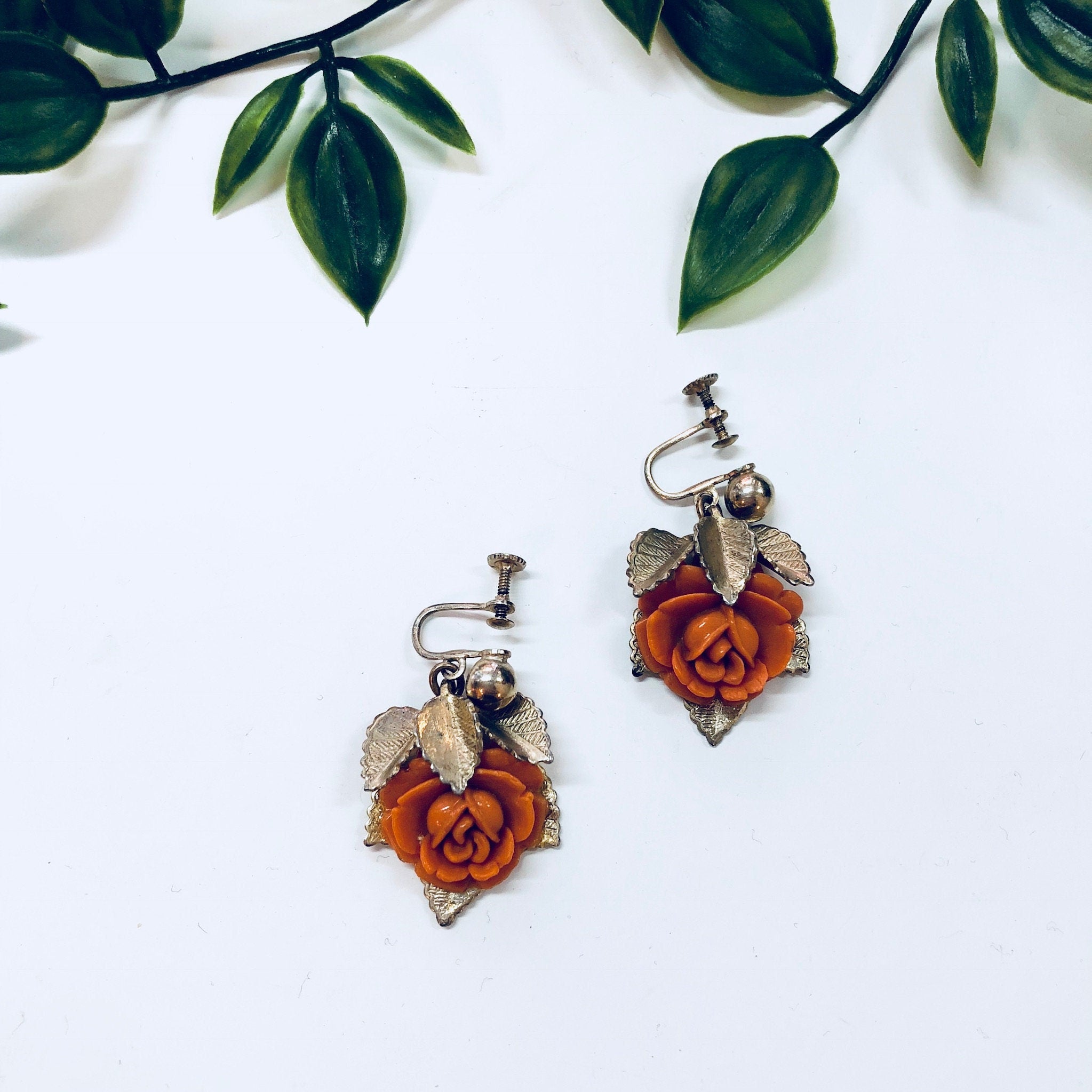 Vintage Earrings, Rose Earrings, Screw Back Earrings, Gold Toned Jewelry, Floral Earrings, Flowers, Pretty, Anniversary Gift, Orange, Gold