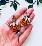 Vintage Earrings, Rose Earrings, Screw Back Earrings, Gold Toned Jewelry, Floral Earrings, Flowers, Pretty, Anniversary Gift, Orange, Gold
