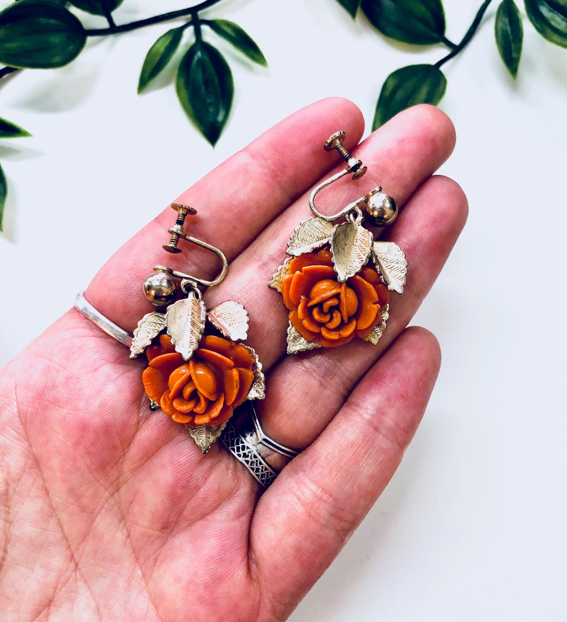 Vintage Earrings, Rose Earrings, Screw Back Earrings, Gold Toned Jewelry, Floral Earrings, Flowers, Pretty, Anniversary Gift, Orange, Gold