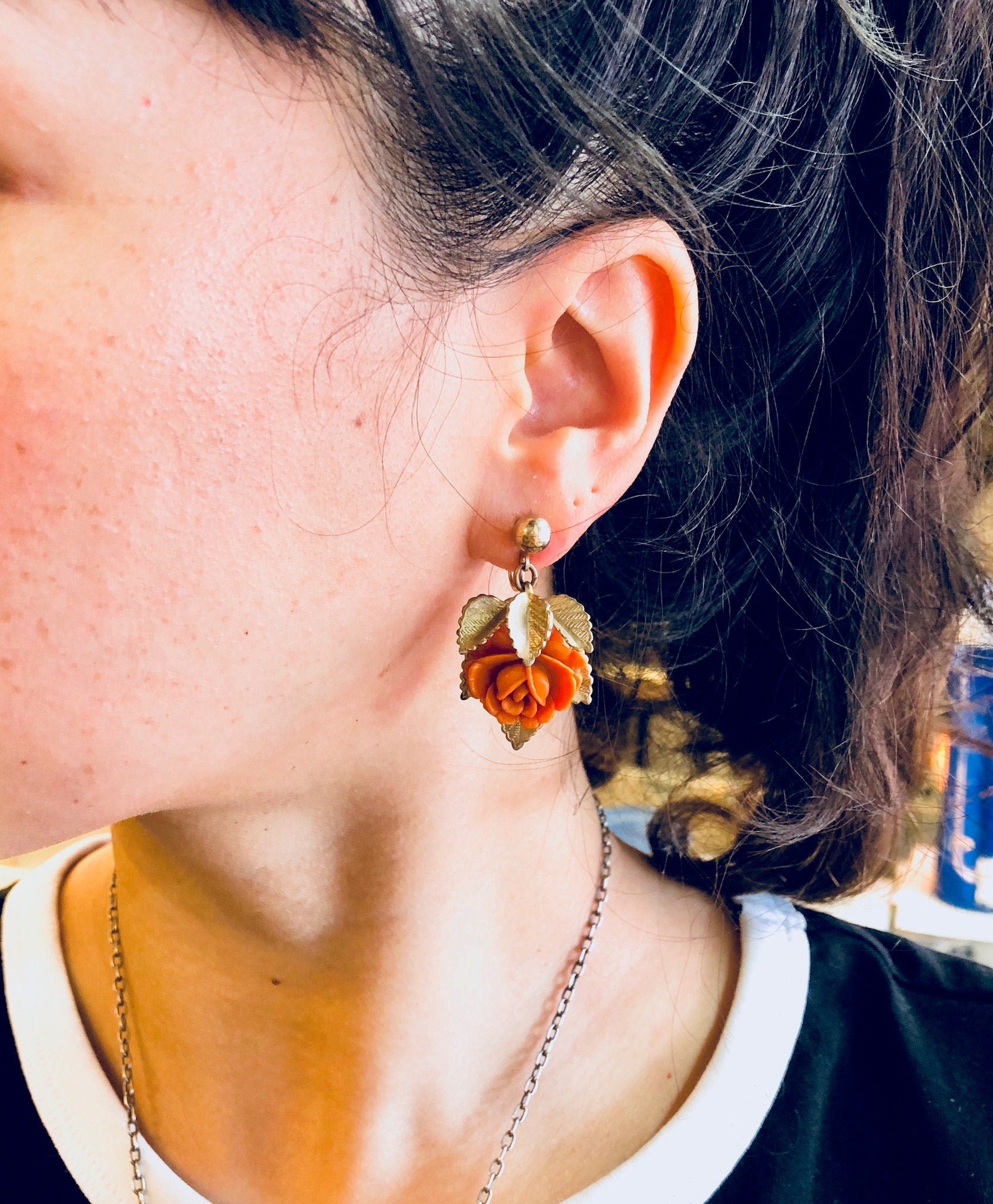 Vintage Earrings, Rose Earrings, Screw Back Earrings, Gold Toned Jewelry, Floral Earrings, Flowers, Pretty, Anniversary Gift, Orange, Gold