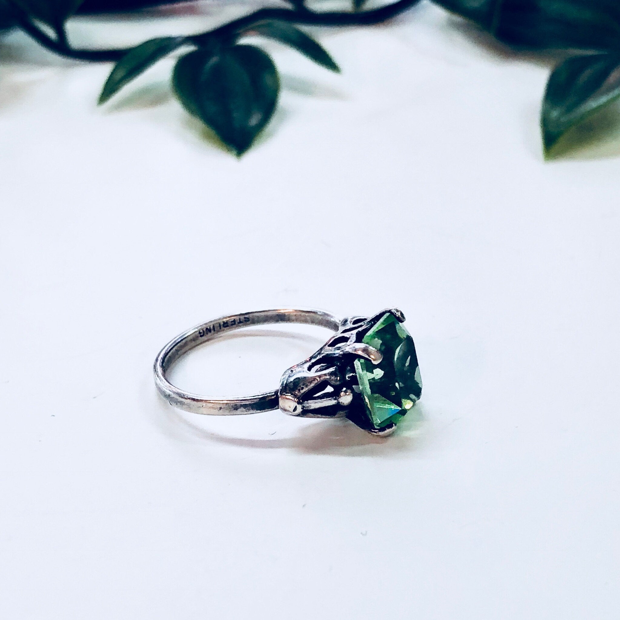 Vintage Silver Ring, Sarah Coventry Ring, Green Stone, Sterling Silver, Adjustable Ring, 925, Sarah Cov, Designer Jewelry, Engagement Ring