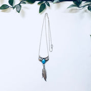Vintage Silver Necklace, Sterling Silver, Silver Pendant, Turquoise Pendant, Feather Jewelry, Vintage Jewelry, 925, Silver Chain, Leaves