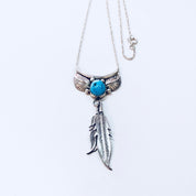 Vintage Silver Necklace, Sterling Silver, Silver Pendant, Turquoise Pendant, Feather Jewelry, Vintage Jewelry, 925, Silver Chain, Leaves